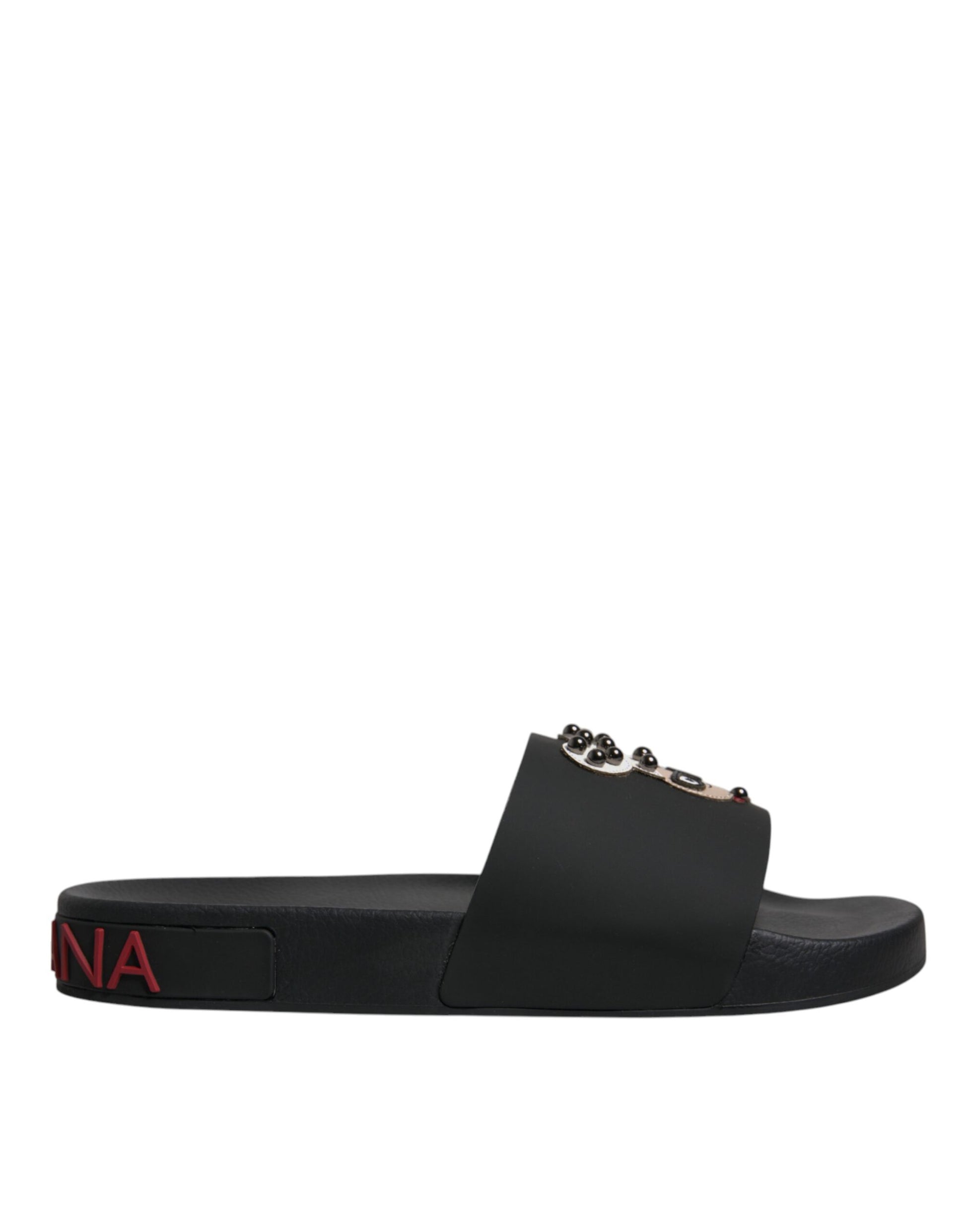 Dolce & Gabbana Black Leather Slides Sandals Beachwear Shoes Curated Luxury Accessories by Orvyn