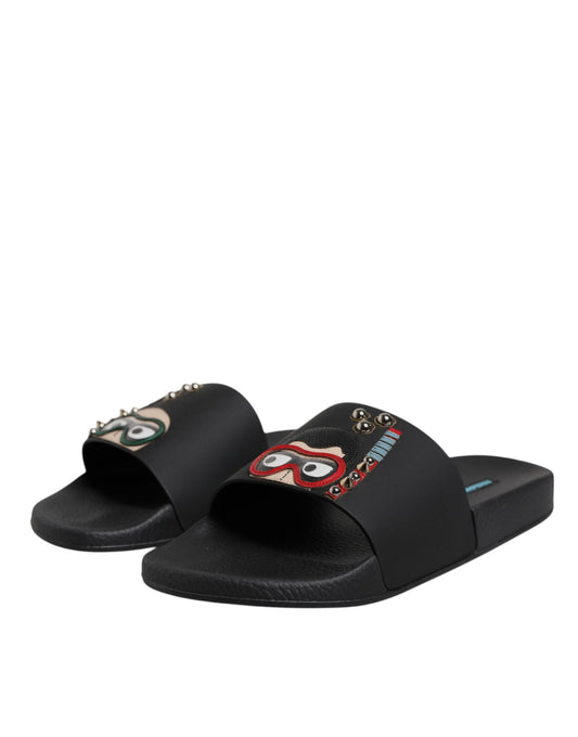 Dolce & Gabbana Black Divers Leather Flats Slides Sandals Beachwear Shoes Curated Luxury Accessories by Orvyn