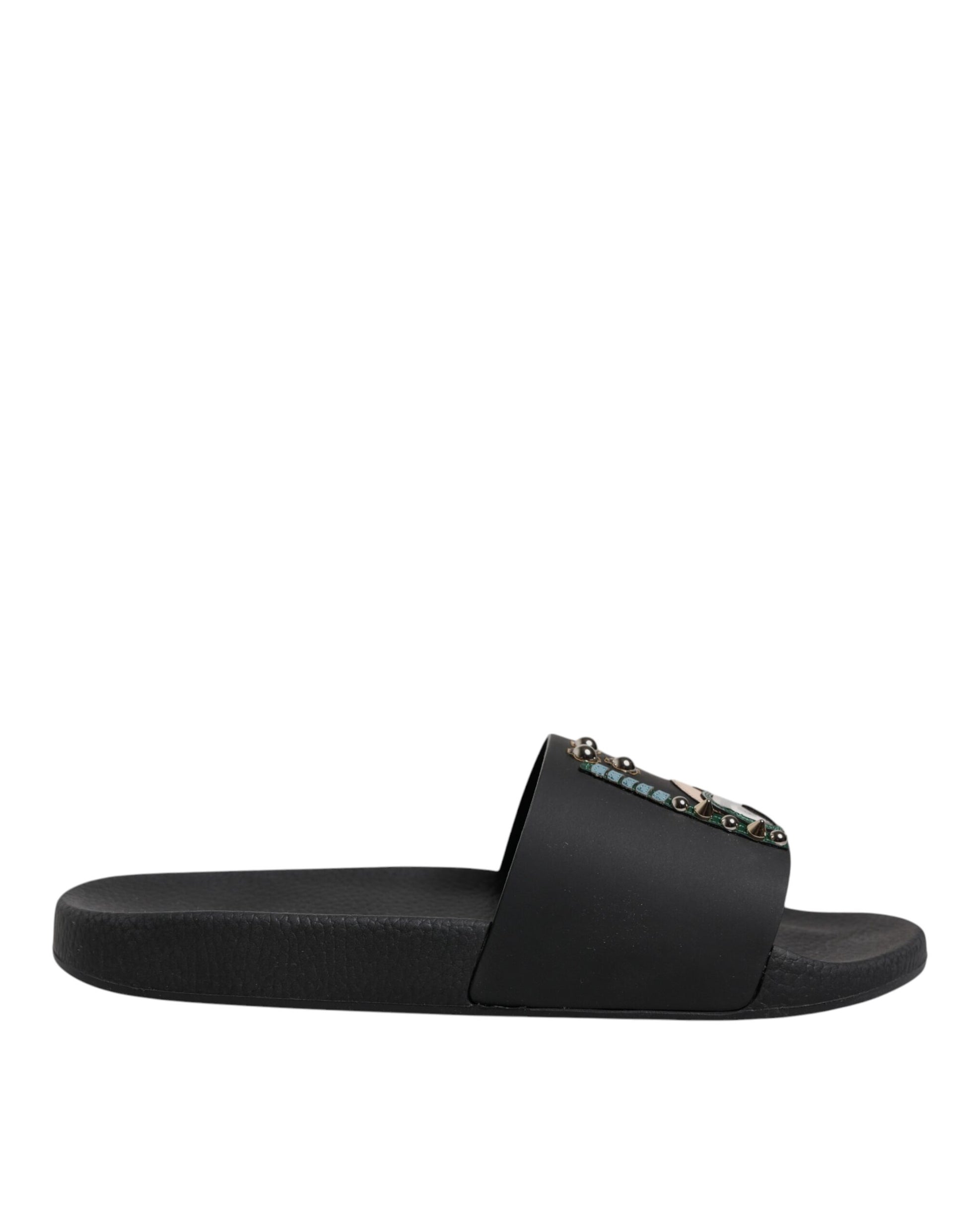 Dolce & Gabbana Black Divers Leather Flats Slides Sandals Beachwear Shoes Curated Luxury Accessories by Orvyn