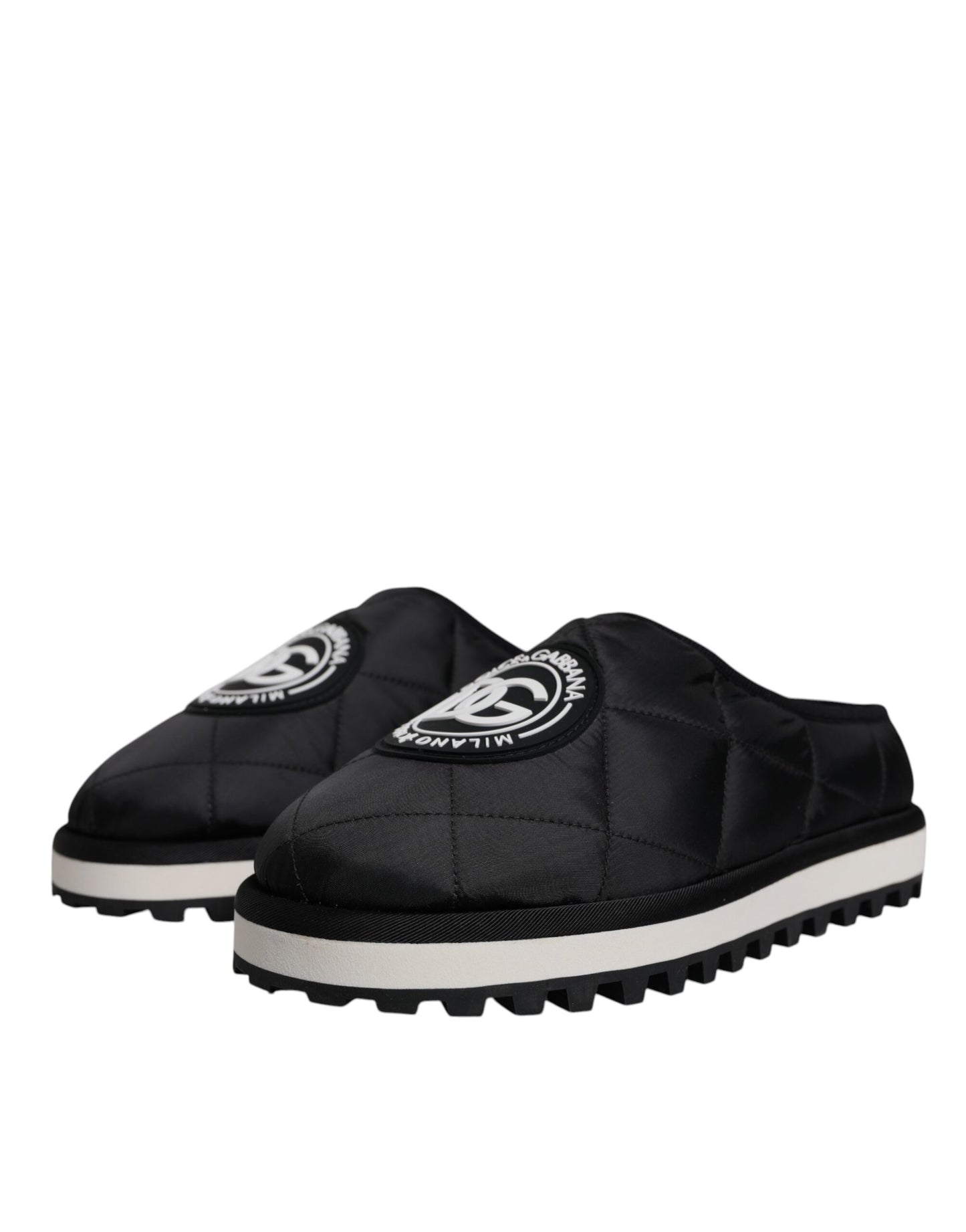 Dolce & Gabbana Black Nylon Quilted Logo Patch Sandals Slides Shoes Curated Luxury Accessories by Orvyn