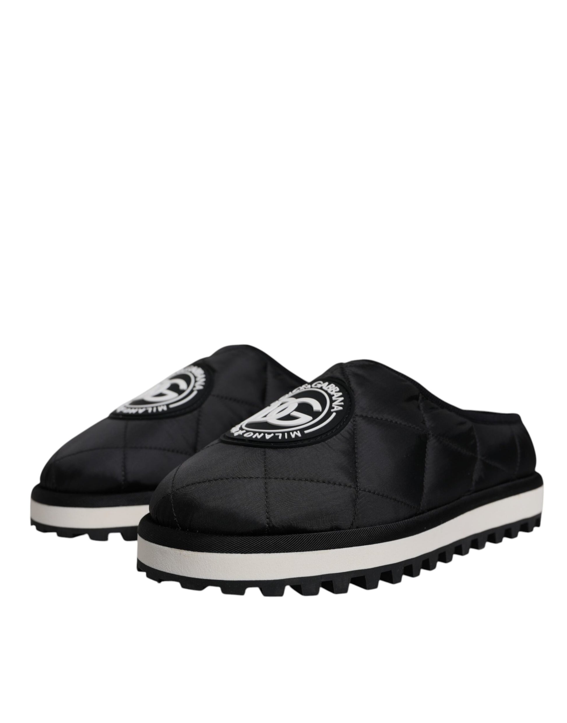 Dolce & Gabbana Black Nylon Quilted Logo Patch Sandals Slides Shoes Curated Luxury Accessories by Orvyn
