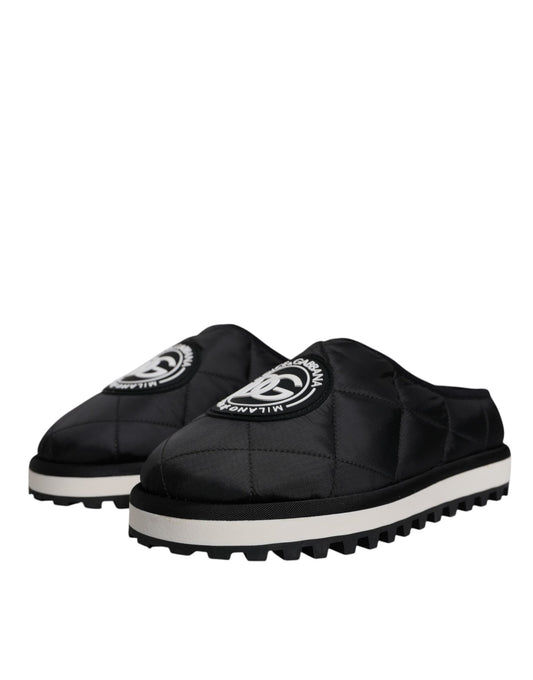 Dolce & Gabbana Black Nylon Quilted Logo Patch Sandals Slides Shoes Curated Luxury Accessories by Orvyn