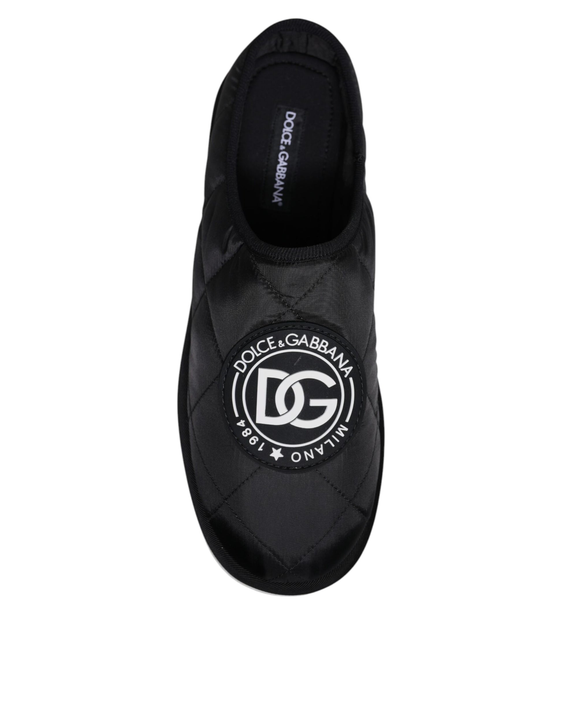 Dolce & Gabbana Black Nylon Quilted Logo Patch Sandals Slides Shoes Curated Luxury Accessories by Orvyn