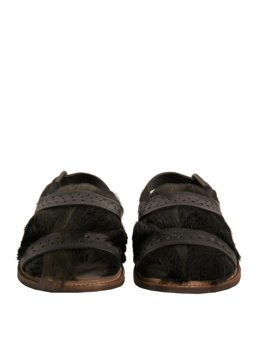 Dolce & Gabbana Green Gazelle Hair Leather Flats Sandals Shoes Curated Luxury Accessories by Orvyn