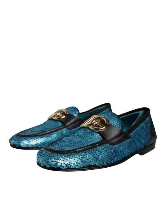 Dolce & Gabbana Blue Sequined Loafers Formal Dress Shoes Curated Luxury Accessories by Orvyn