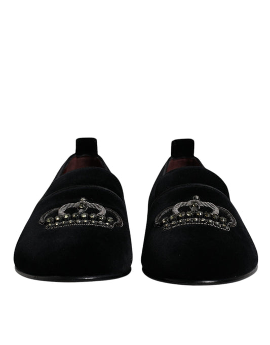 Dolce & Gabbana Black Velvet Crystal Crown Loafers Formal Dress Shoes Curated Luxury Accessories by Orvyn