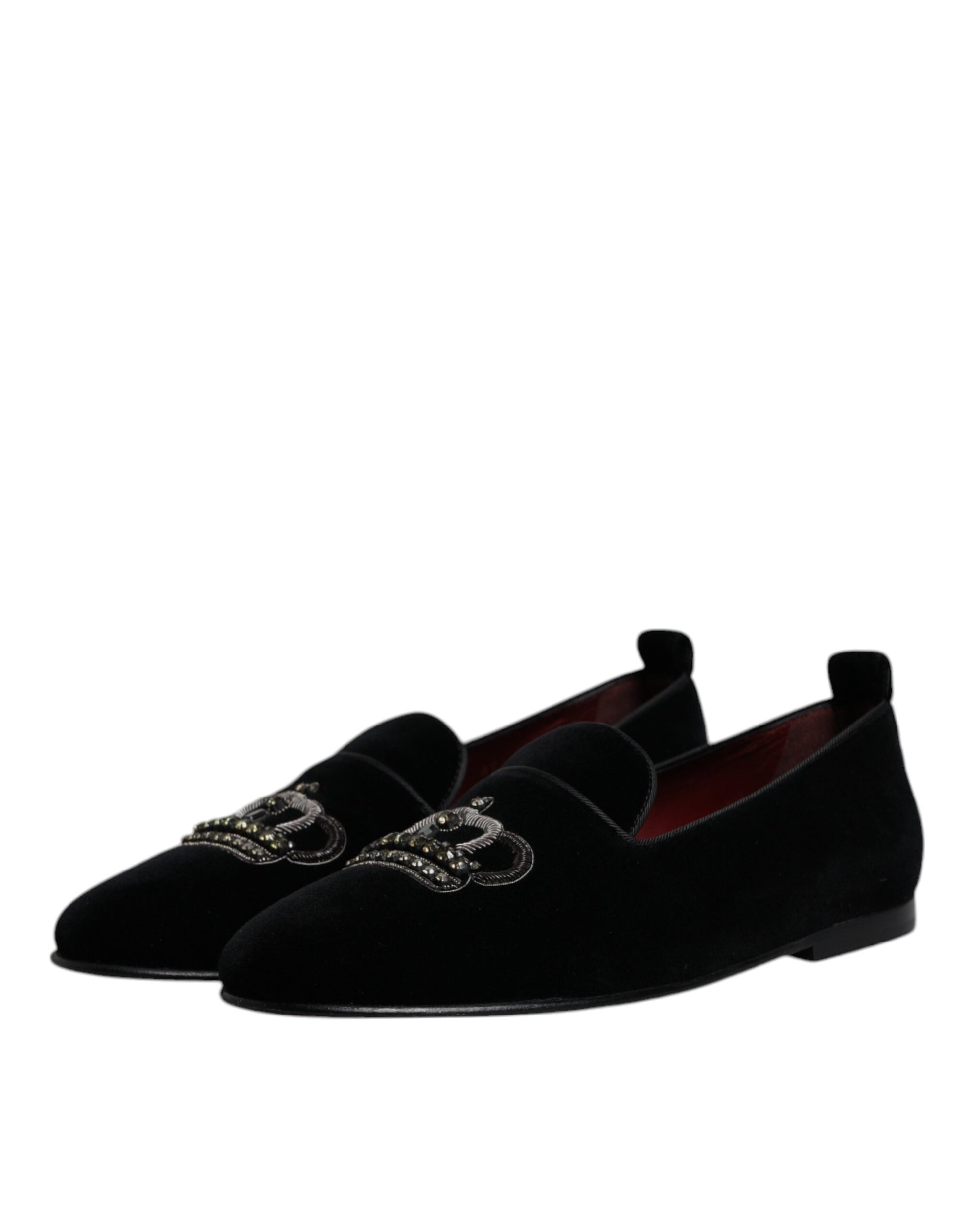 Dolce & Gabbana Black Velvet Crystal Crown Loafers Formal Dress Shoes Curated Luxury Accessories by Orvyn
