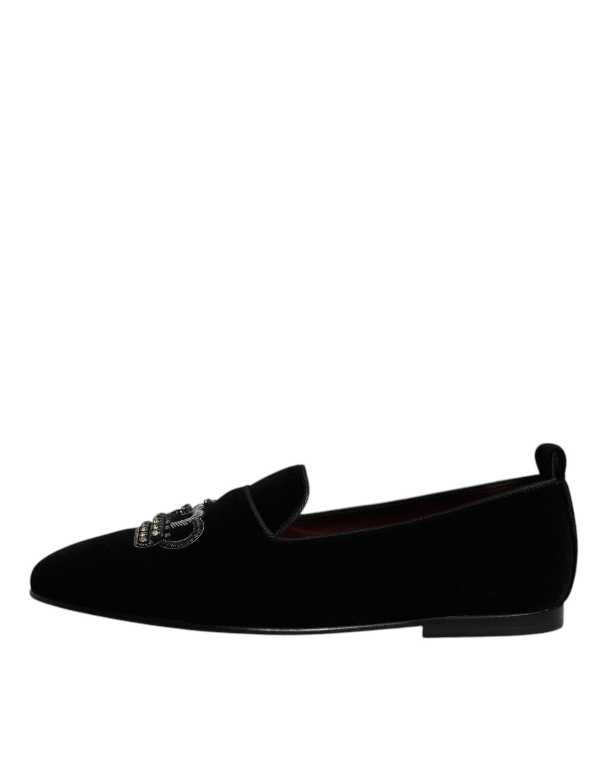 Dolce & Gabbana Black Velvet Crystal Crown Loafers Formal Dress Shoes Curated Luxury Accessories by Orvyn