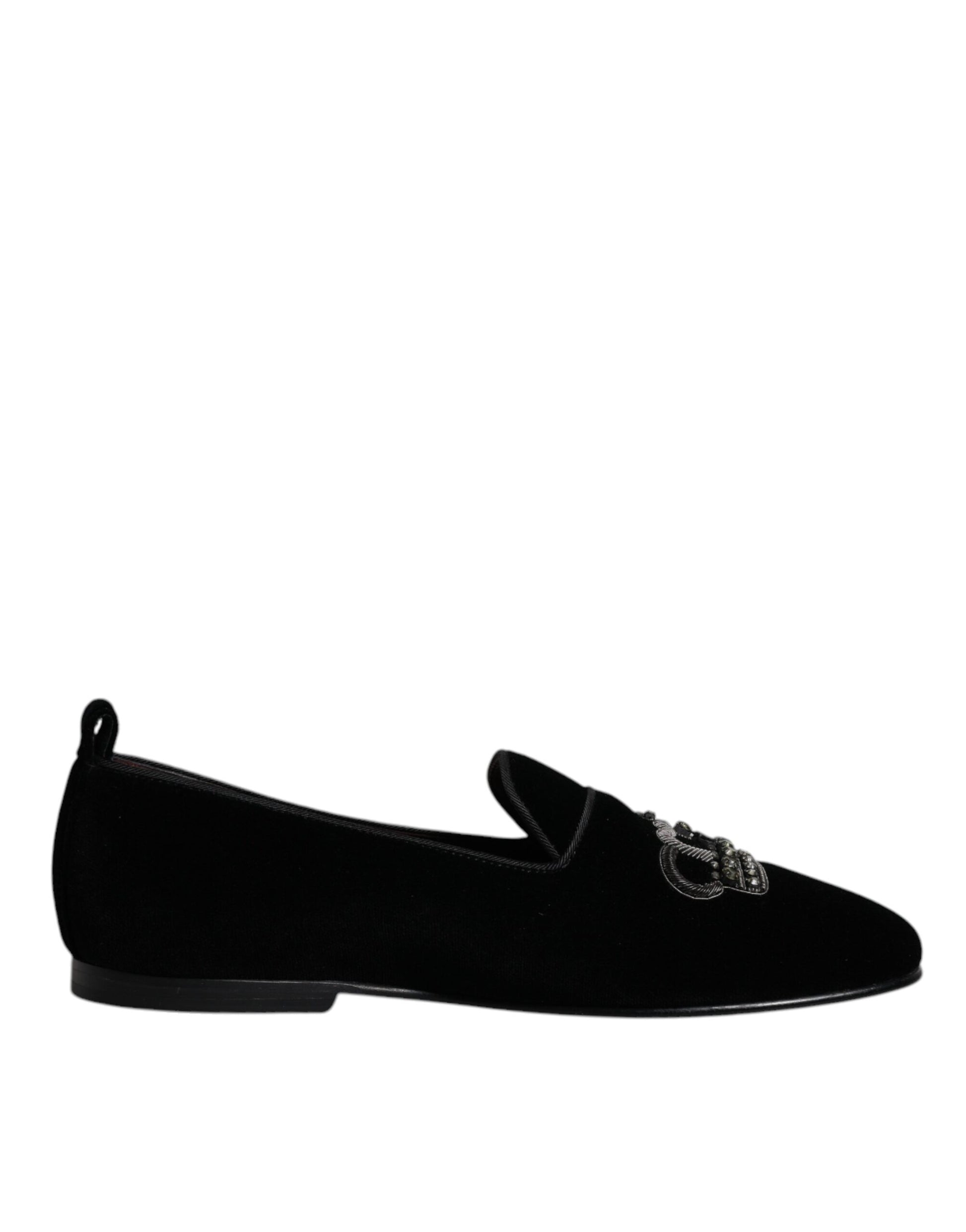 Dolce & Gabbana Black Velvet Crystal Crown Loafers Formal Dress Shoes Curated Luxury Accessories by Orvyn