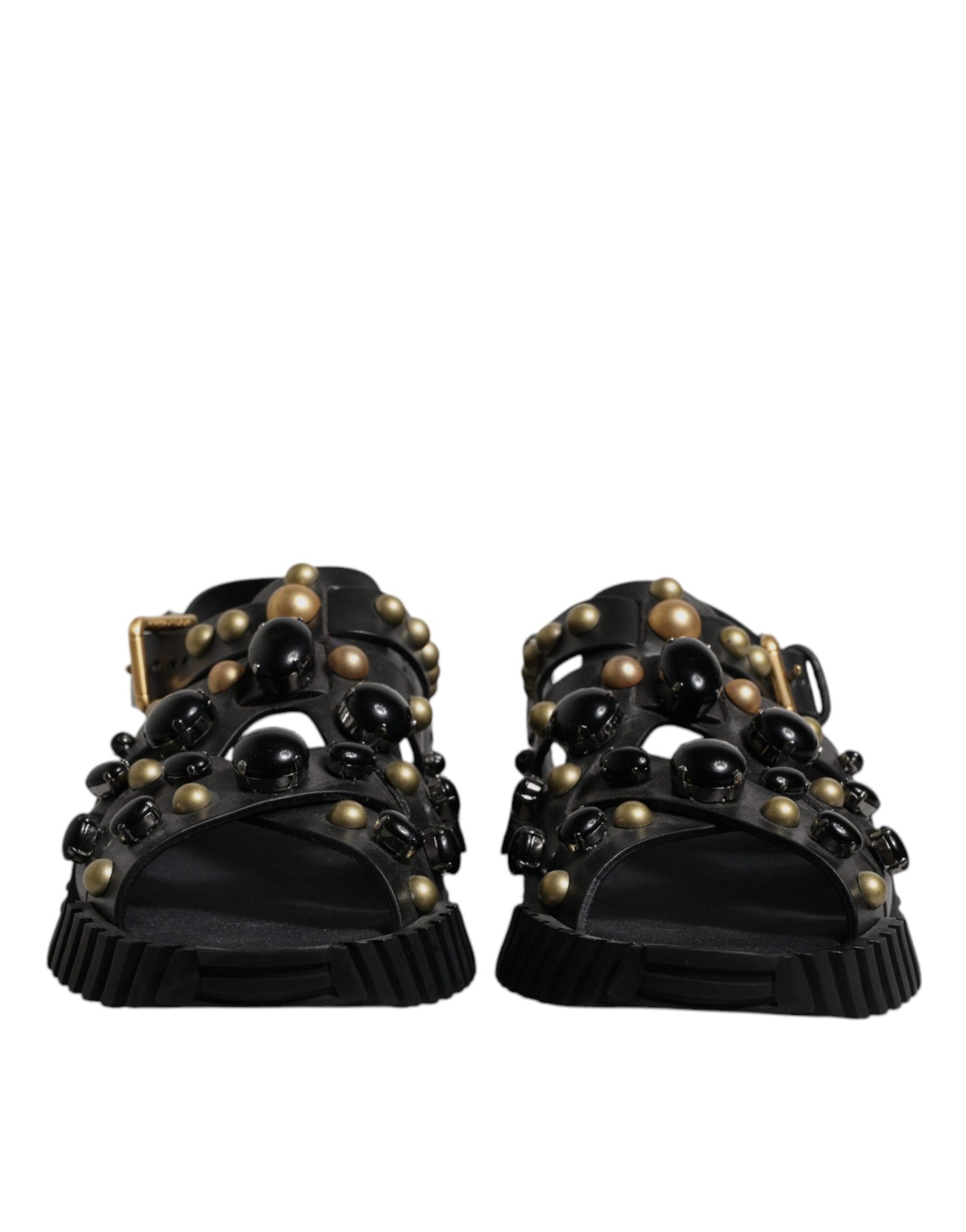 Dolce & Gabbana Black Leather Studded Slides Sandals Shoes Curated Luxury Accessories by Orvyn