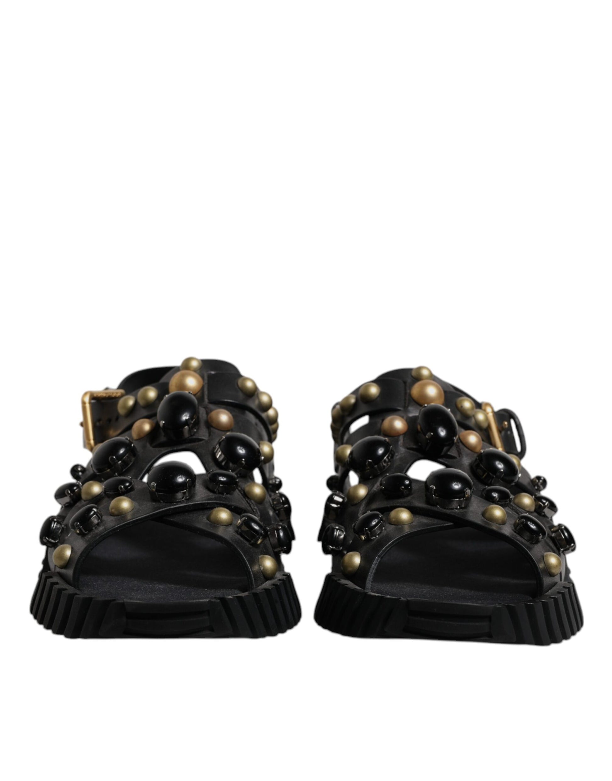 Dolce & Gabbana Black Leather Studded Slides Sandals Shoes Curated Luxury Accessories by Orvyn