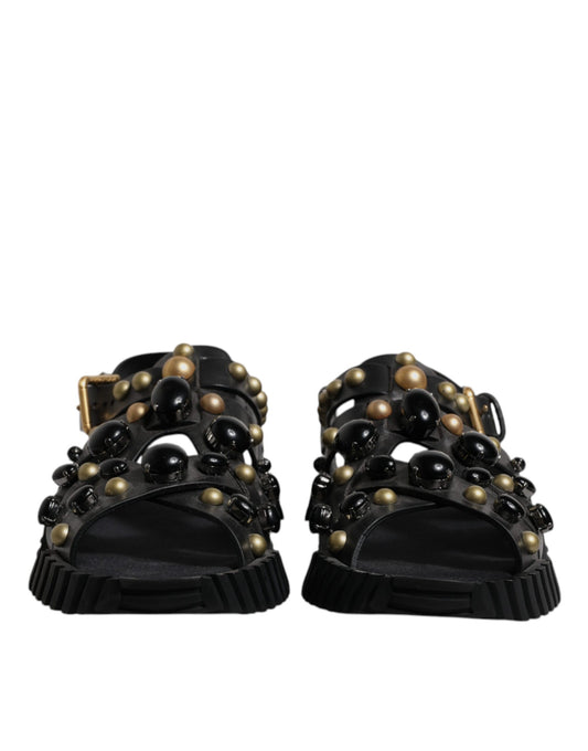 Dolce & Gabbana Black Leather Studded Slides Sandals Shoes Curated Luxury Accessories by Orvyn