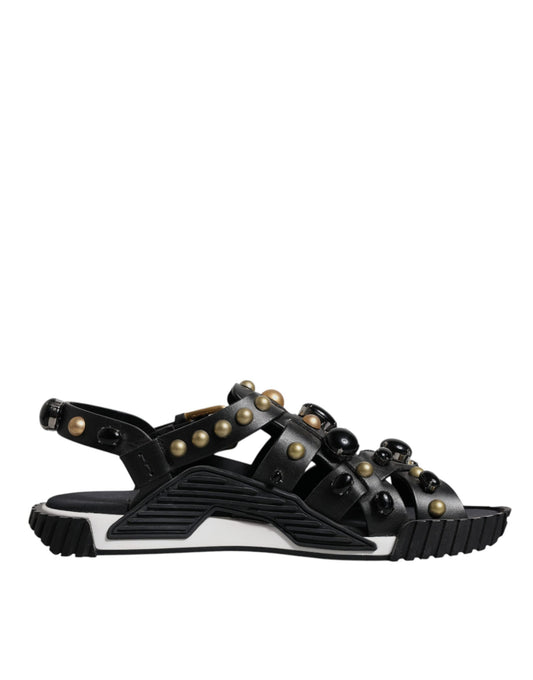 Dolce & Gabbana Black Leather Studded Slides Sandals Shoes Curated Luxury Accessories by Orvyn