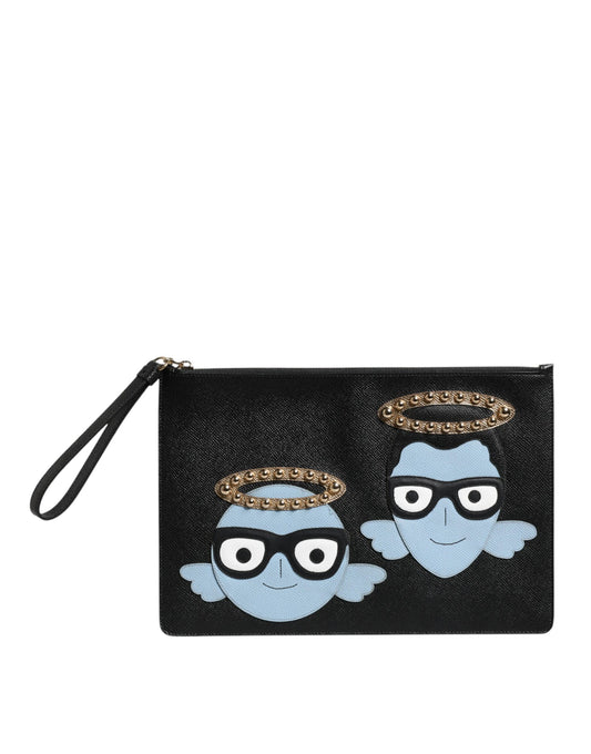 Dolce & Gabbana Black Leather #DGFAMILY Embellished Men Zip Pouch Bag Curated Luxury Accessories by Orvyn