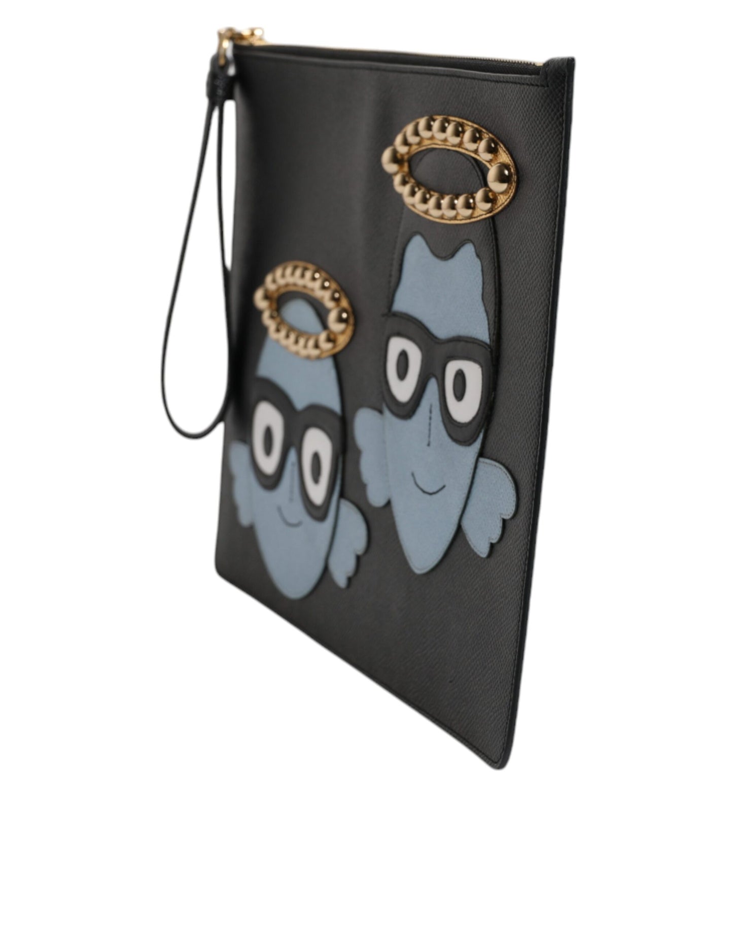 Dolce & Gabbana Black Leather #DGFAMILY Embellished Men Zip Pouch Bag Curated Luxury Accessories by Orvyn