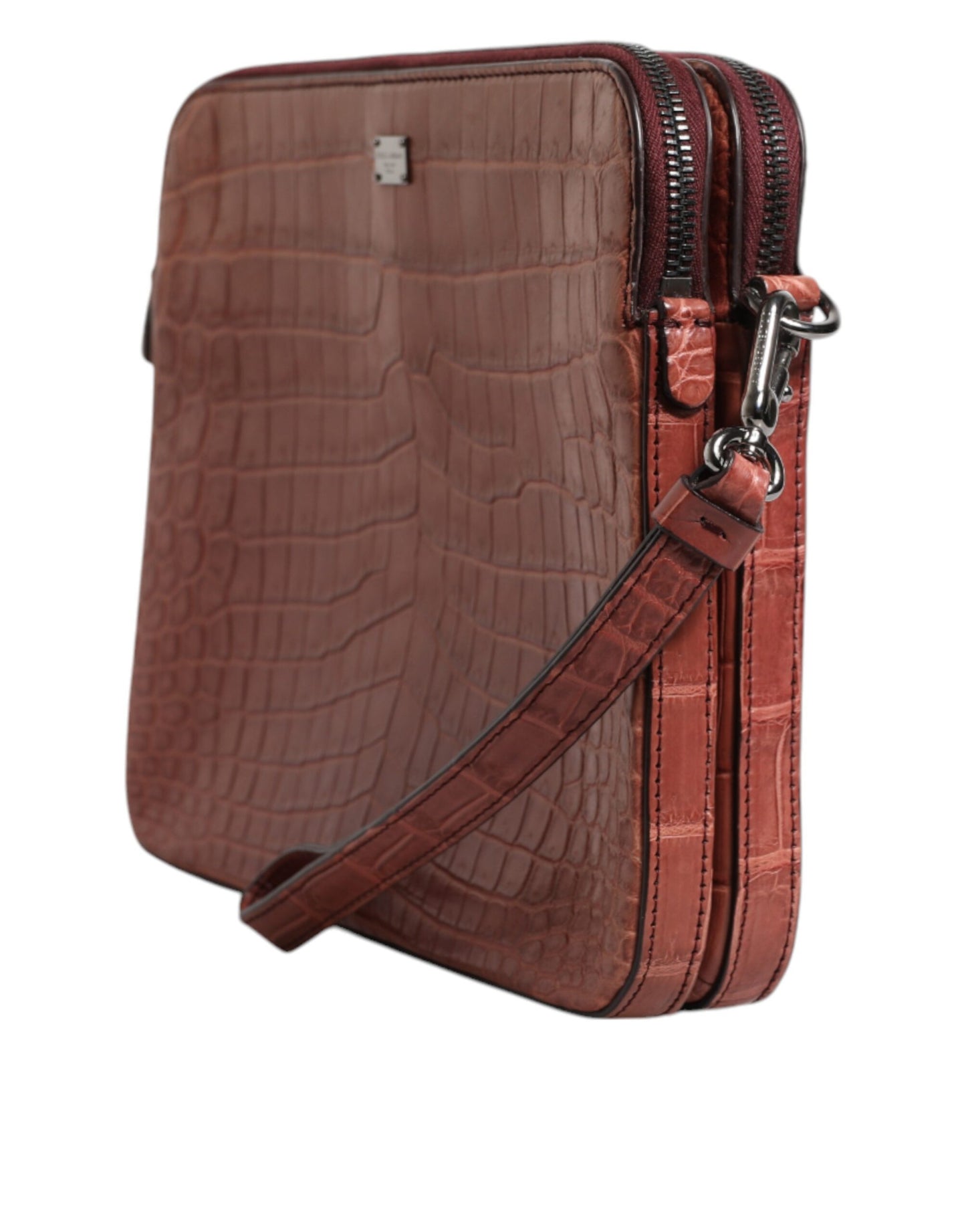 Dolce & Gabbana Bordeaux Croc Leather Logo Plaque Men Briefcase Bag Curated Luxury Accessories by Orvyn