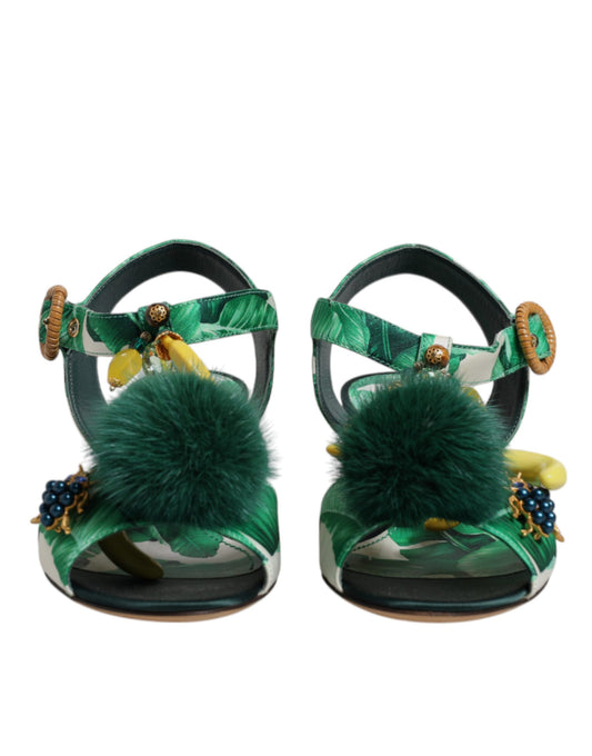 Dolce & Gabbana Green Crystal Fur Embellished Sandals Shoes Curated Luxury Accessories by Orvyn