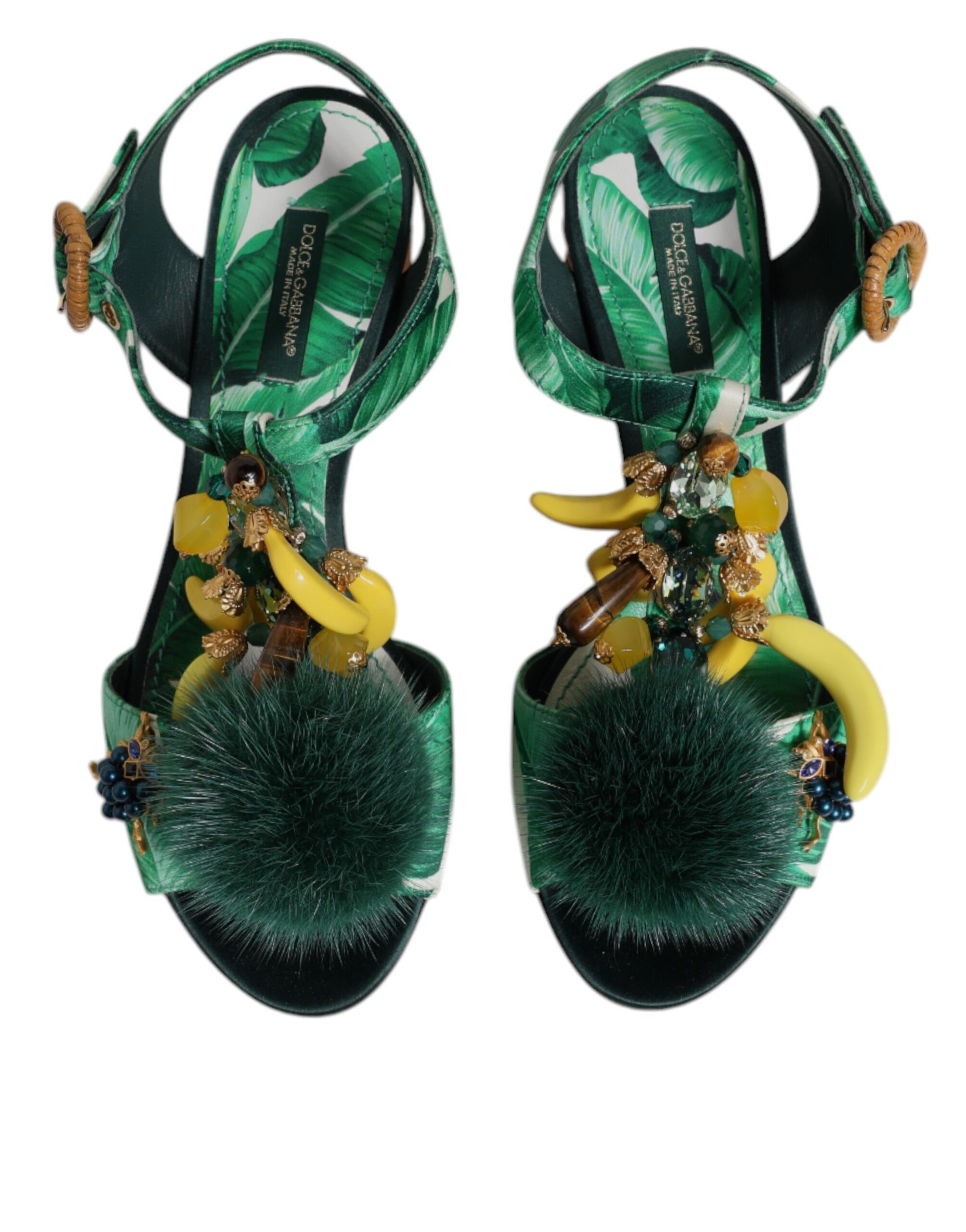 Dolce & Gabbana Green Crystal Fur Embellished Sandals Shoes Curated Luxury Accessories by Orvyn