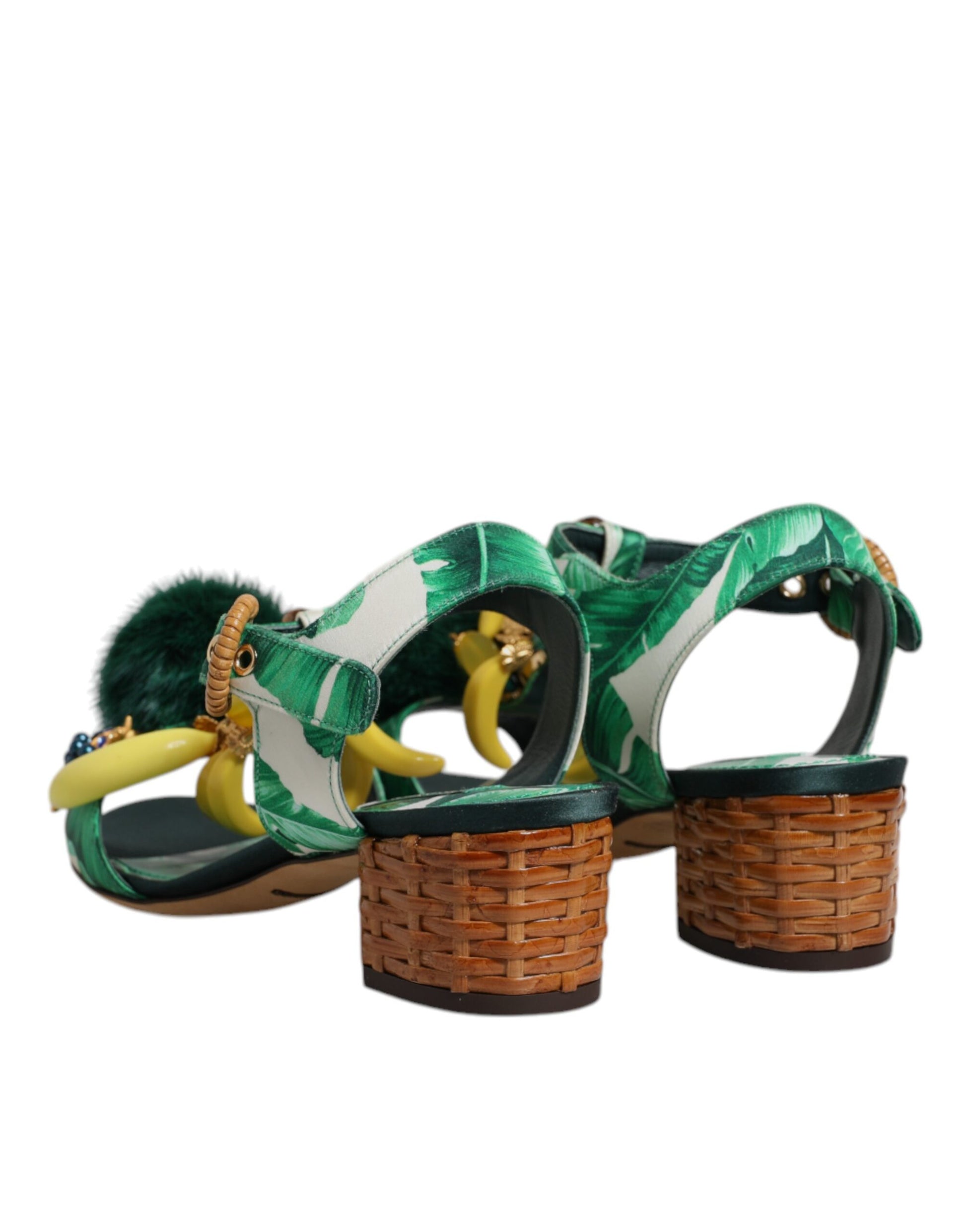 Dolce & Gabbana Green Crystal Fur Embellished Sandals Shoes Curated Luxury Accessories by Orvyn