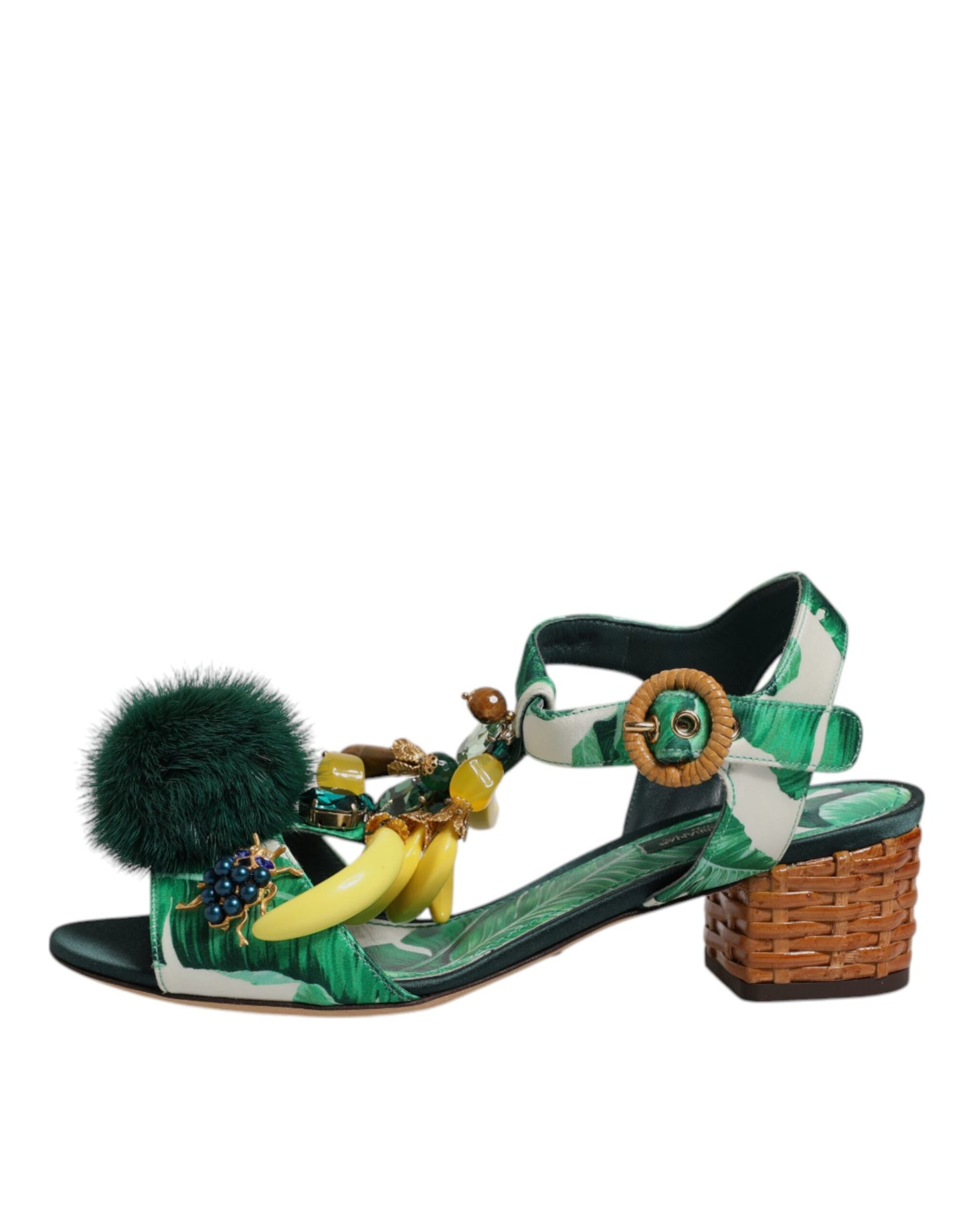 Dolce & Gabbana Green Crystal Fur Embellished Sandals Shoes Curated Luxury Accessories by Orvyn