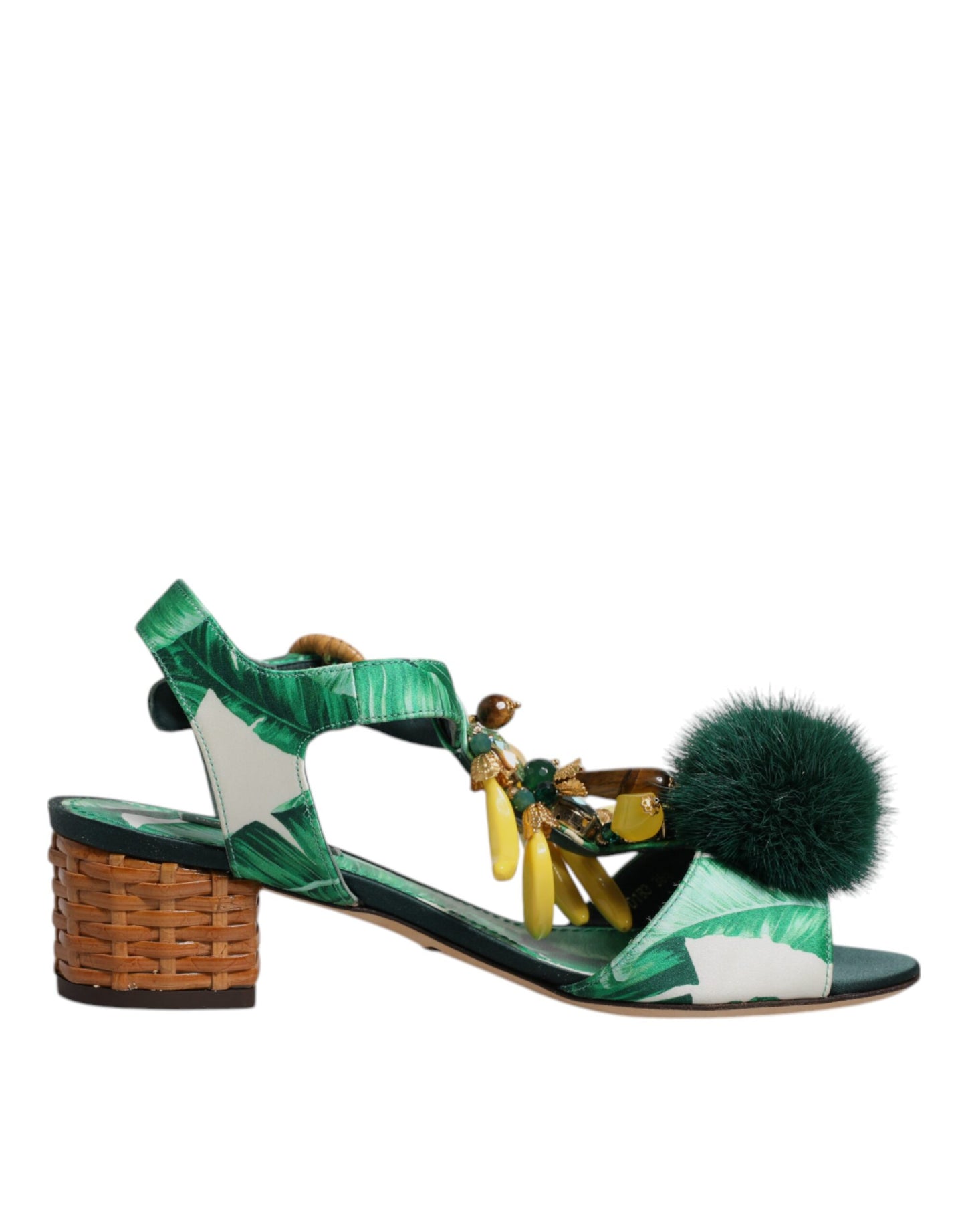 Dolce & Gabbana Green Crystal Fur Embellished Sandals Shoes Curated Luxury Accessories by Orvyn