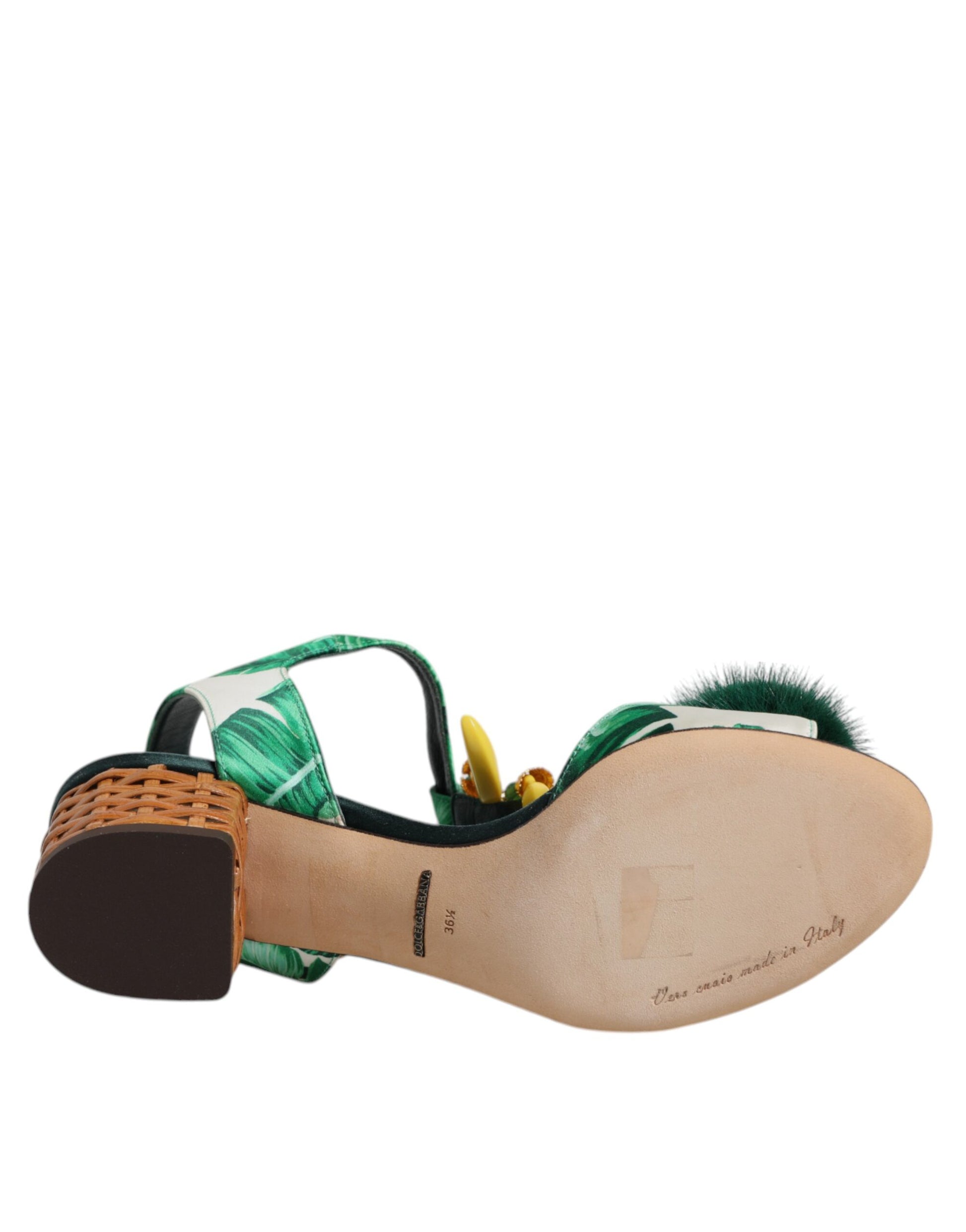 Dolce & Gabbana Green Crystal Fur Embellished Sandals Shoes Curated Luxury Accessories by Orvyn