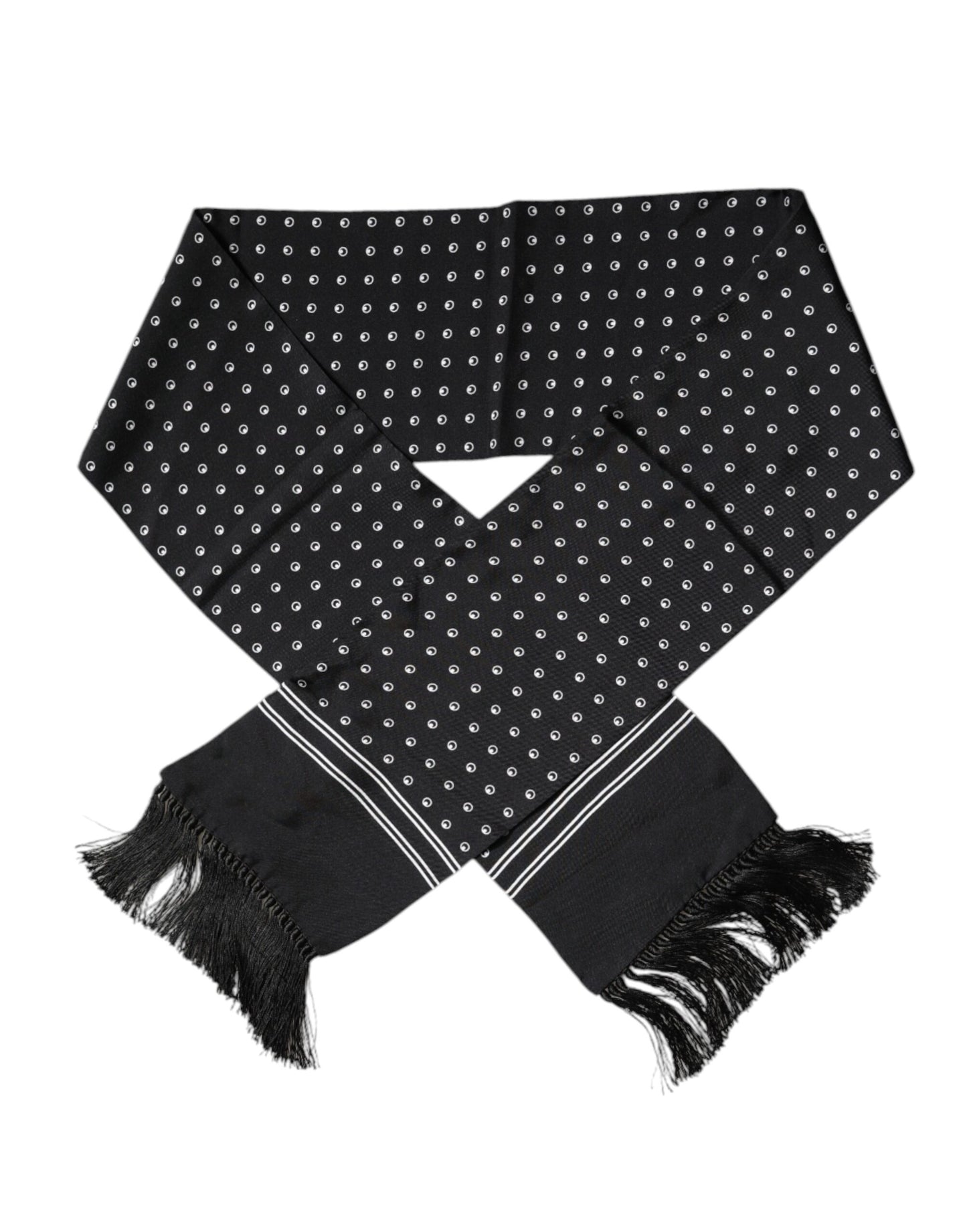Dolce & Gabbana Black White Polka Dotted Silk Skinny Fringes Scarf Curated Luxury Accessories by Orvyn
