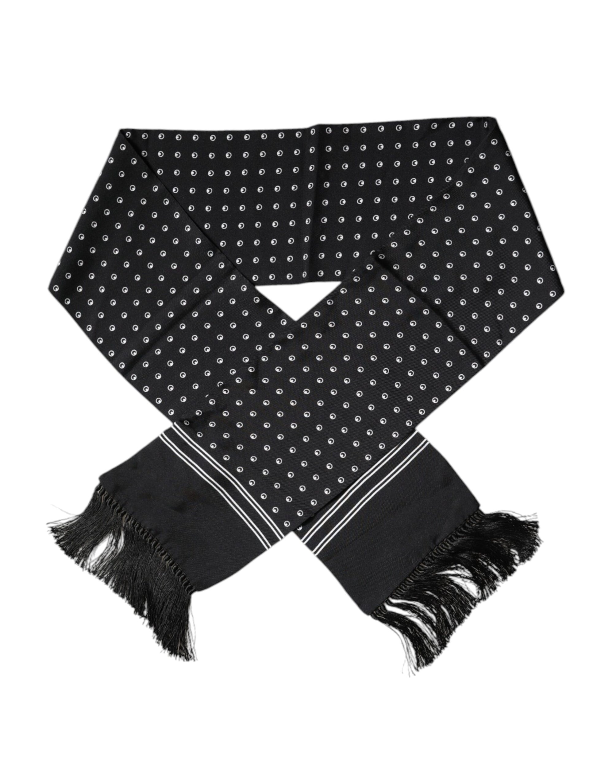 Dolce & Gabbana Black White Polka Dotted Silk Skinny Fringes Scarf Curated Luxury Accessories by Orvyn