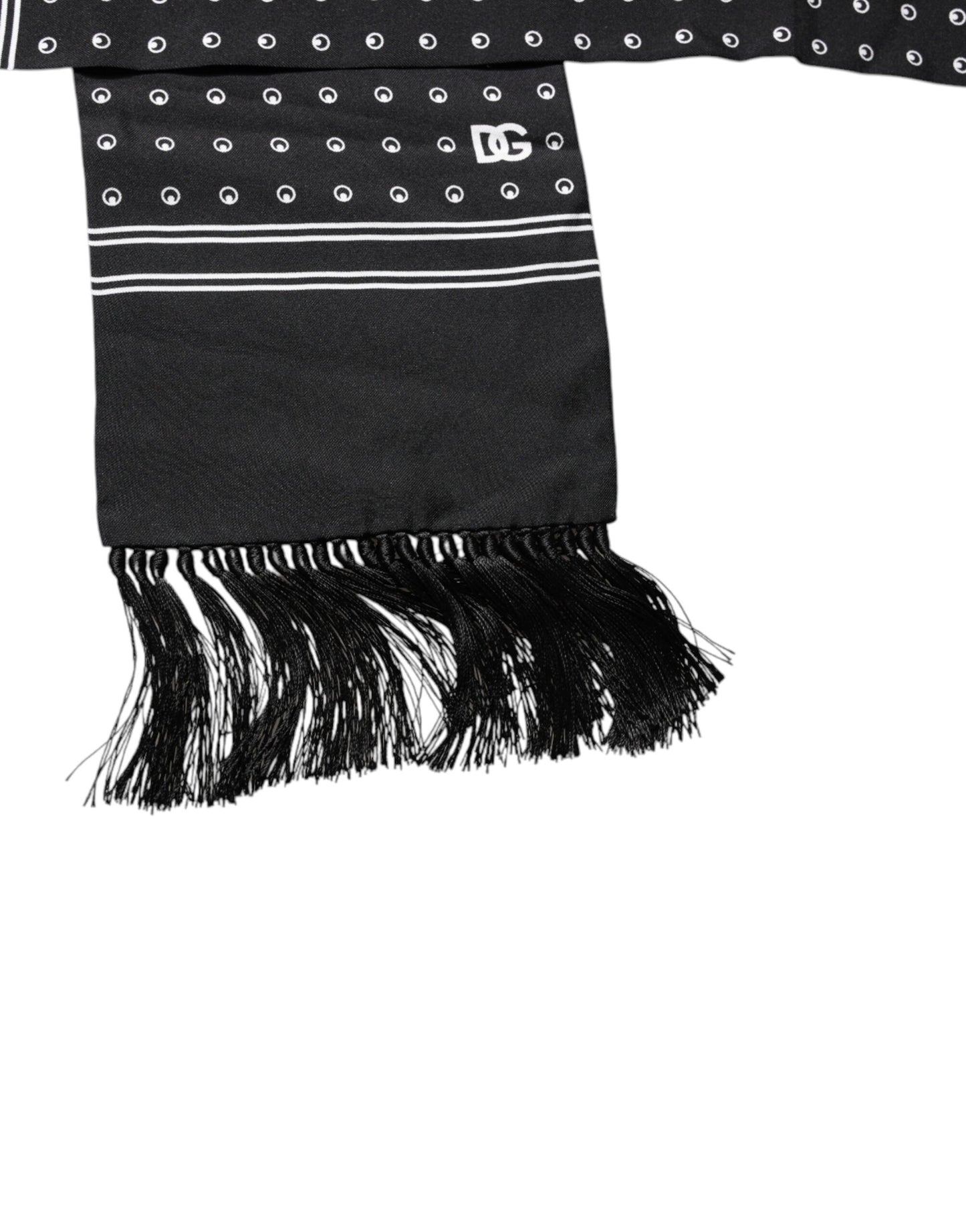 Dolce & Gabbana Black White Polka Dotted Silk Skinny Fringes Scarf Curated Luxury Accessories by Orvyn