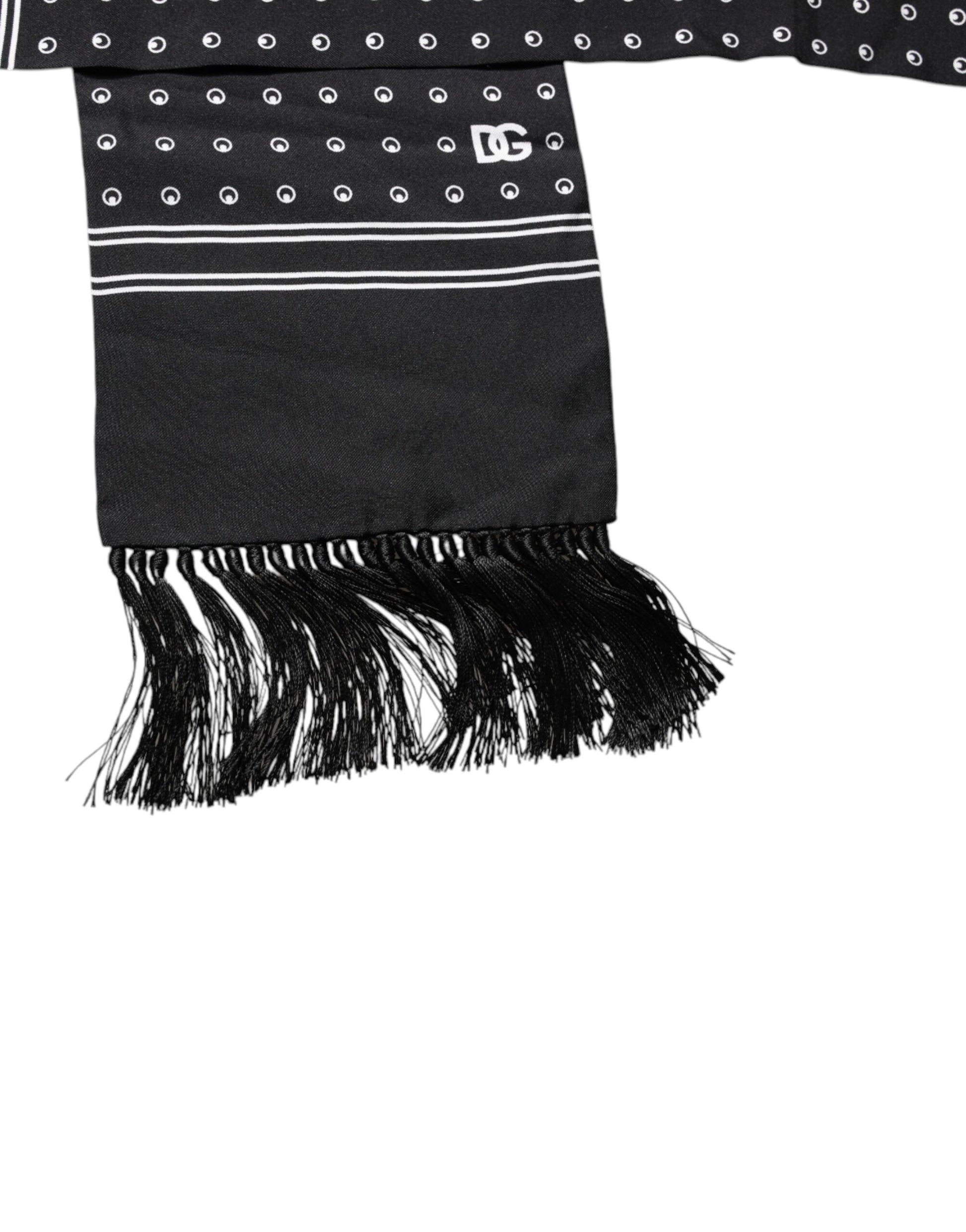 Dolce & Gabbana Black White Polka Dotted Silk Skinny Fringes Scarf Curated Luxury Accessories by Orvyn