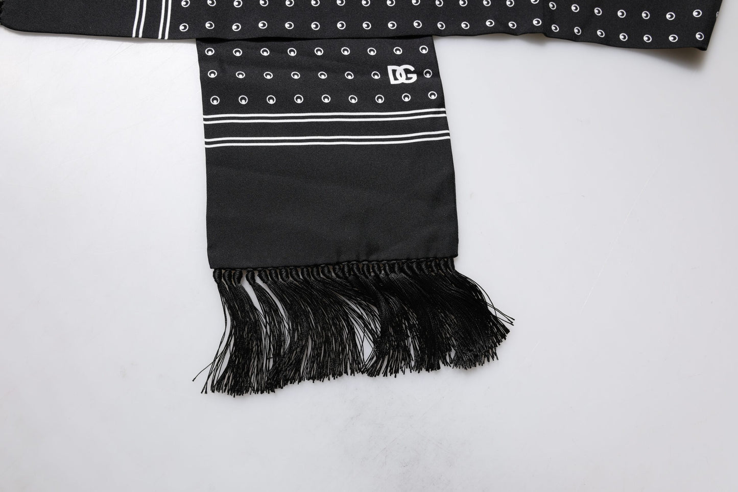Dolce & Gabbana Black White Polka Dotted Silk Skinny Fringes Scarf Curated Luxury Accessories by Orvyn