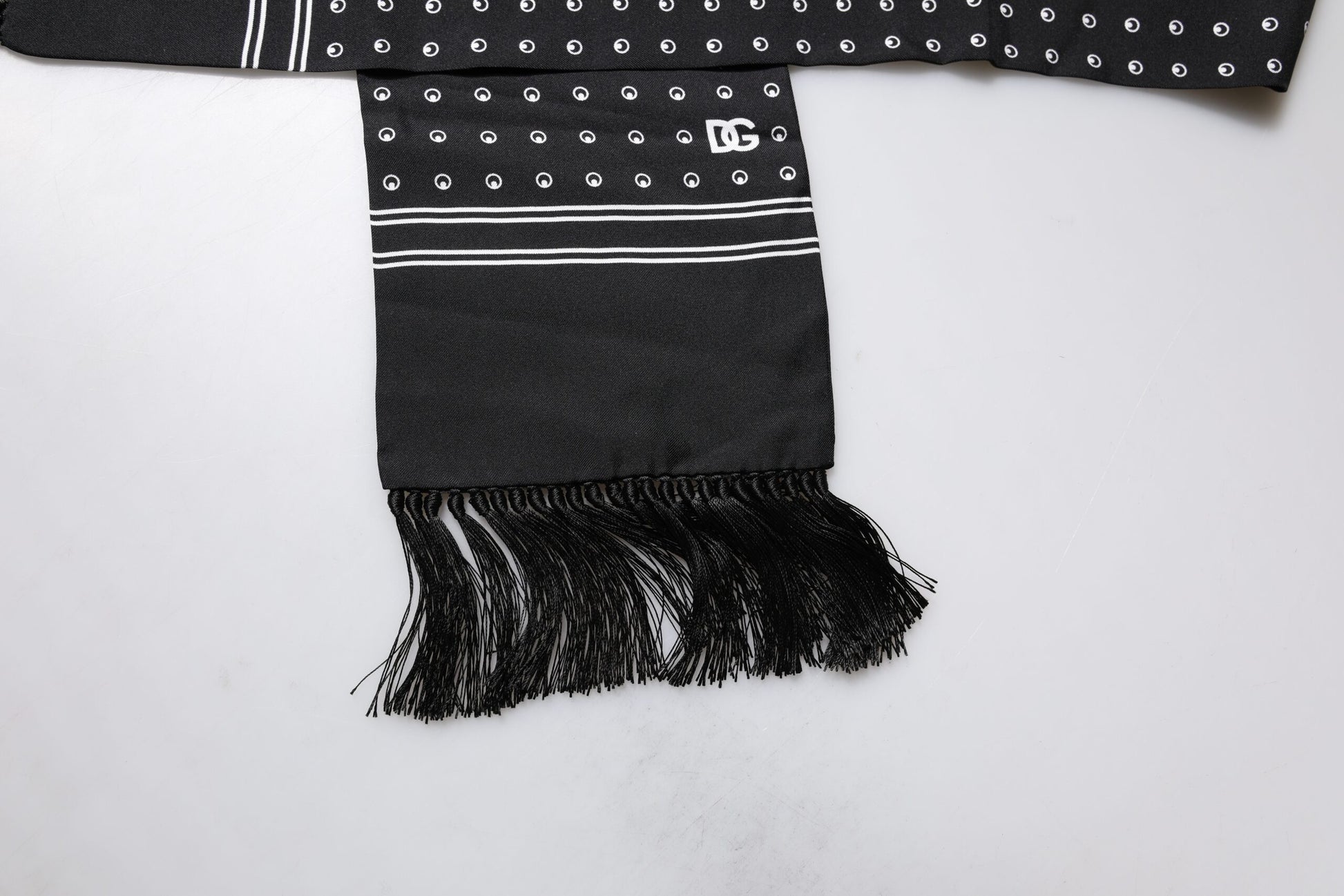 Dolce & Gabbana Black White Polka Dotted Silk Skinny Fringes Scarf Curated Luxury Accessories by Orvyn