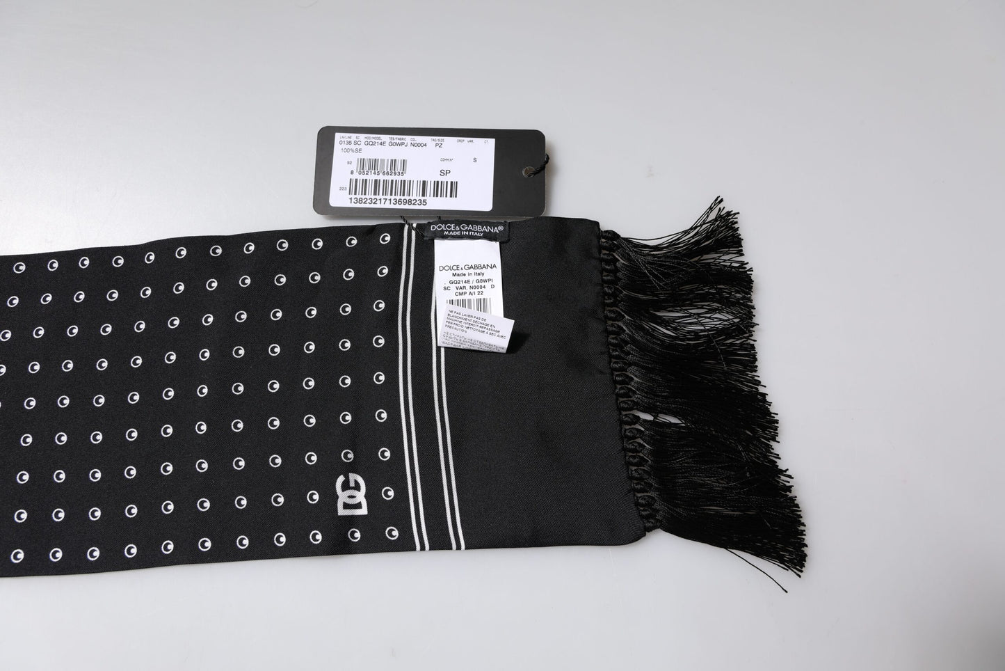 Dolce & Gabbana Black White Polka Dotted Silk Skinny Fringes Scarf Curated Luxury Accessories by Orvyn