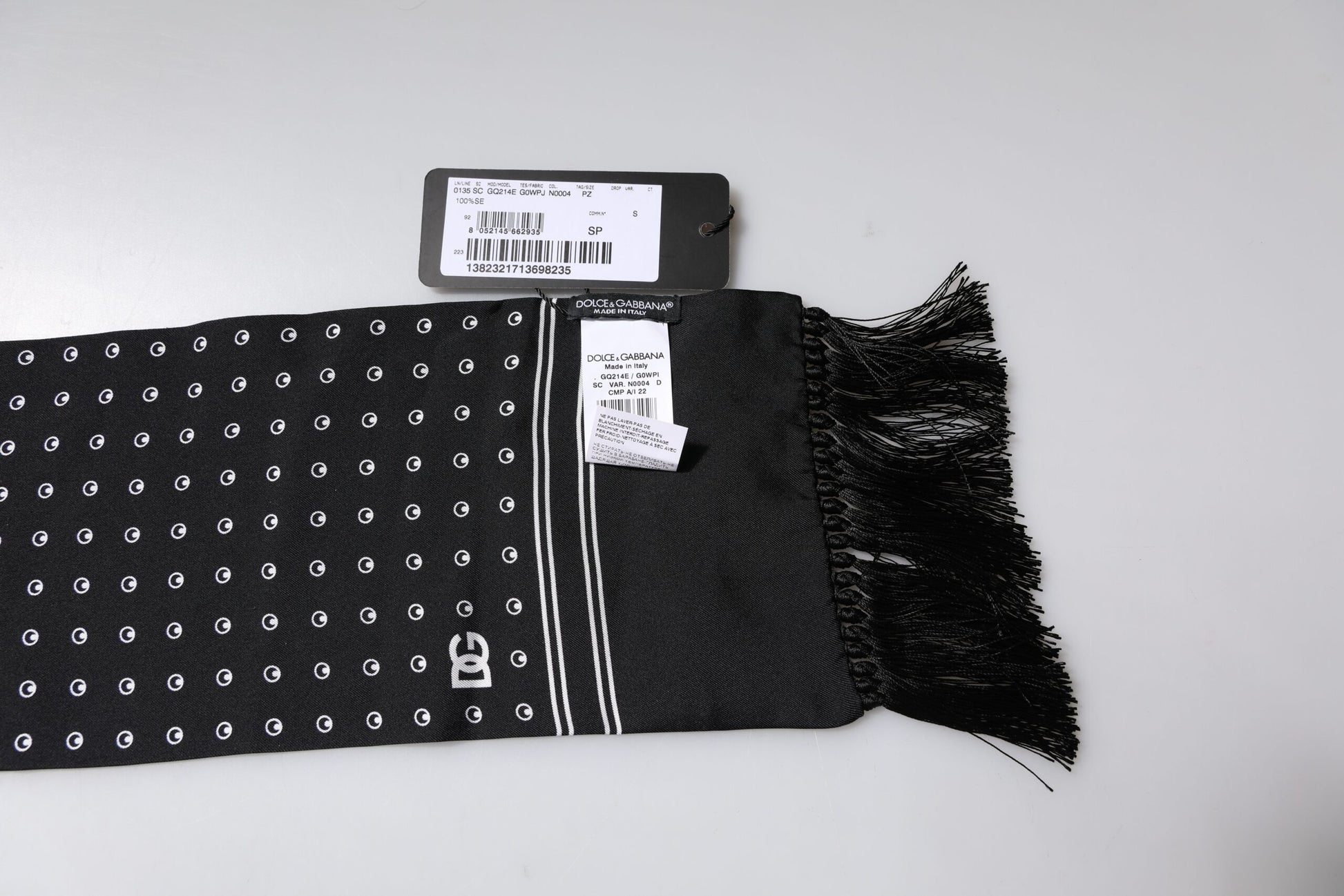 Dolce & Gabbana Black White Polka Dotted Silk Skinny Fringes Scarf Curated Luxury Accessories by Orvyn