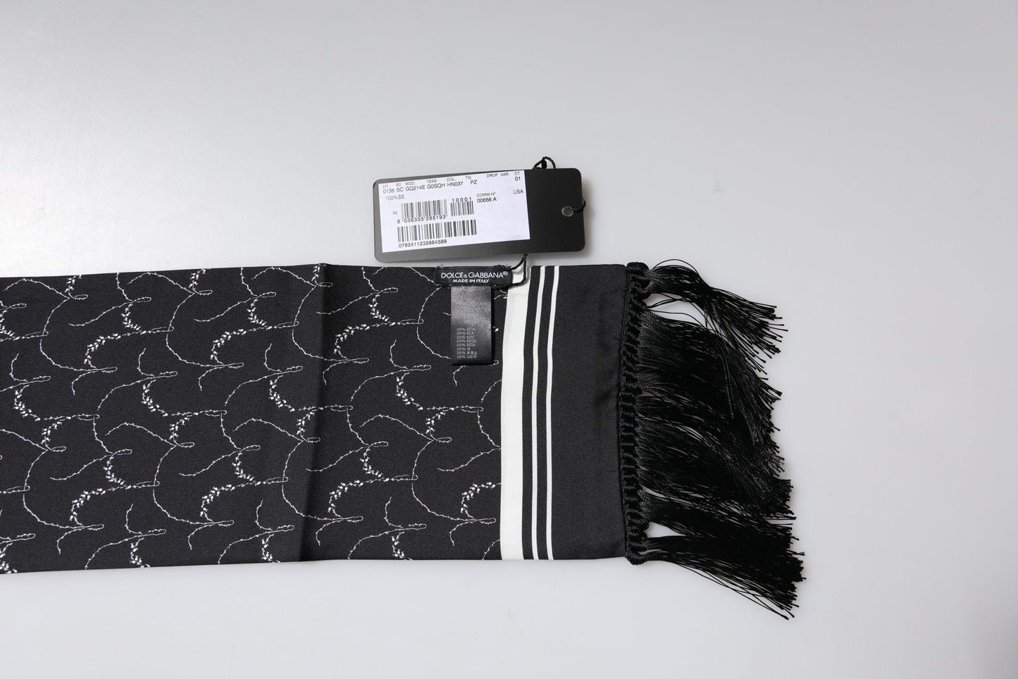 Dolce & Gabbana Black Patterned Skinny Fringes Shawl Scarf Curated Luxury Accessories by Orvyn