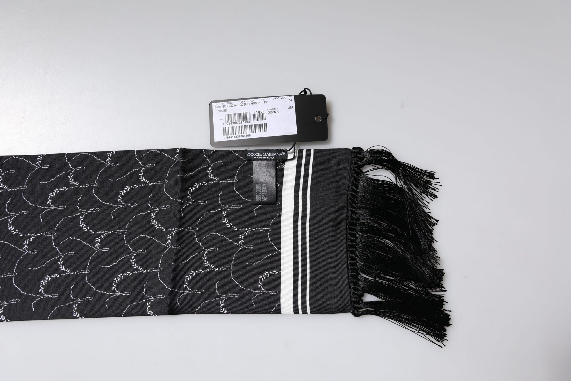 Dolce & Gabbana Black Patterned Skinny Fringes Shawl Scarf Curated Luxury Accessories by Orvyn
