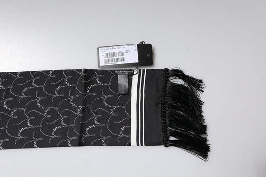 Dolce & Gabbana Black Patterned Skinny Fringes Shawl Scarf Curated Luxury Accessories by Orvyn