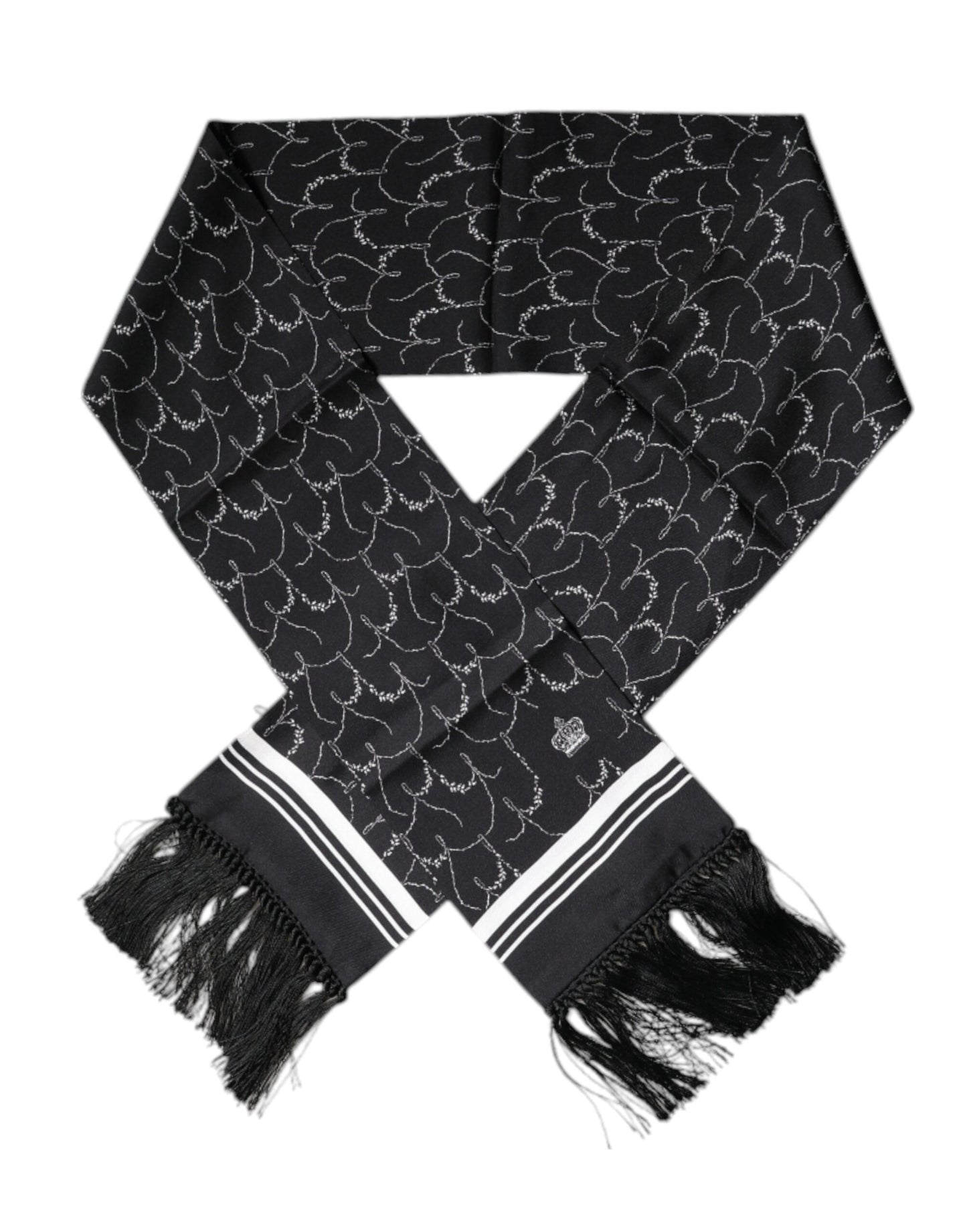 Dolce & Gabbana Black Patterned Skinny Fringes Shawl Scarf Curated Luxury Accessories by Orvyn
