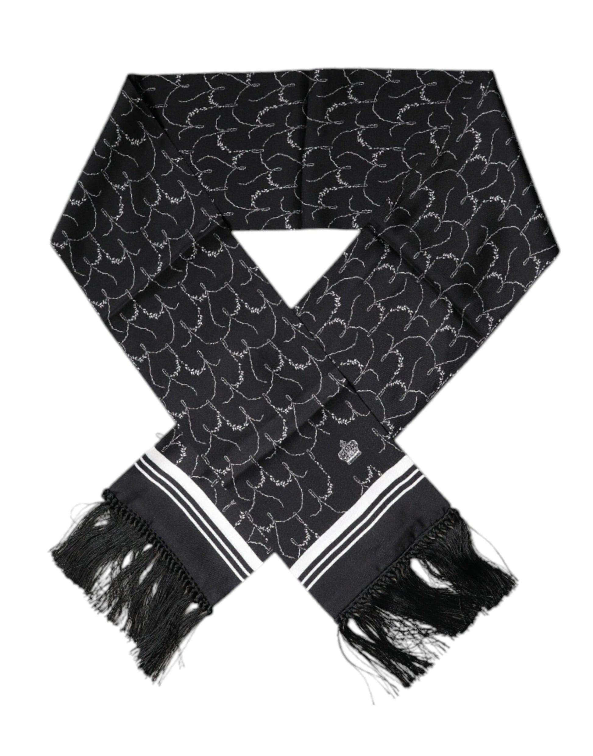 Dolce & Gabbana Black Patterned Skinny Fringes Shawl Scarf Curated Luxury Accessories by Orvyn