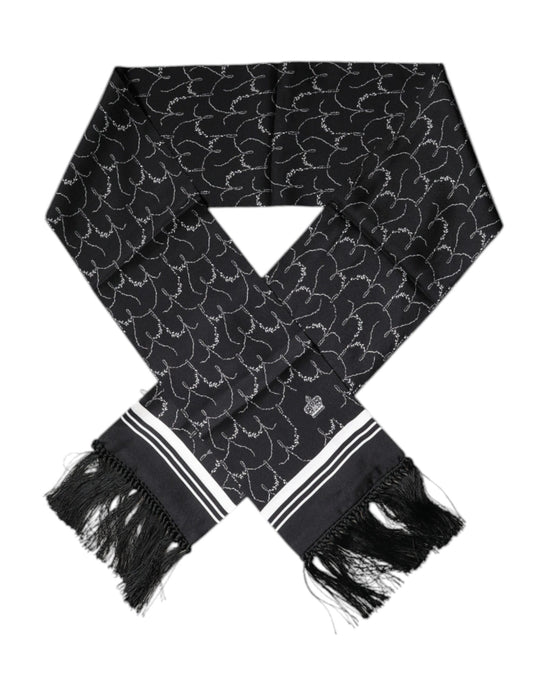 Dolce & Gabbana Black Patterned Skinny Fringes Shawl Scarf Curated Luxury Accessories by Orvyn