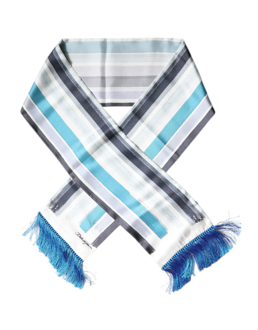 Dolce & Gabbana White Blue Stripes Silk Fringes Wrap Scarf Curated Luxury Accessories by Orvyn