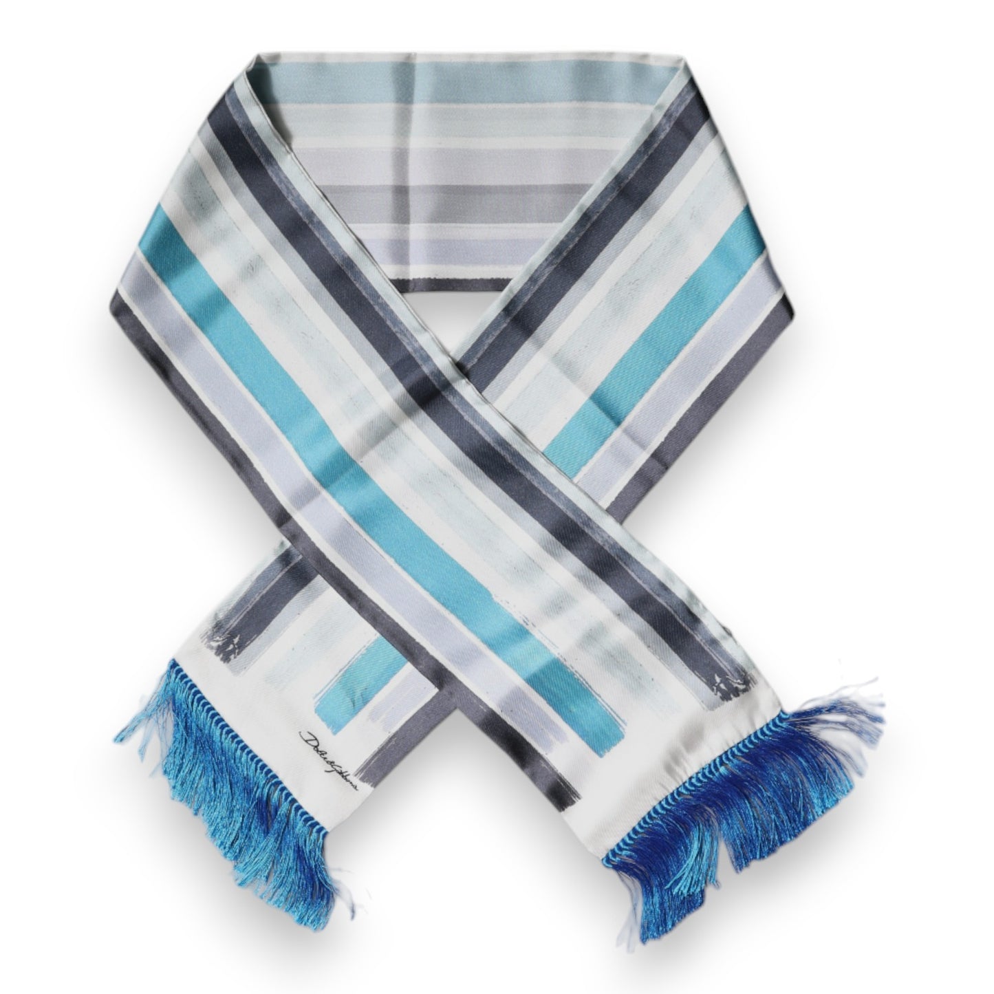Dolce & Gabbana White Blue Stripes Silk Fringes Wrap Scarf Curated Luxury Accessories by Orvyn