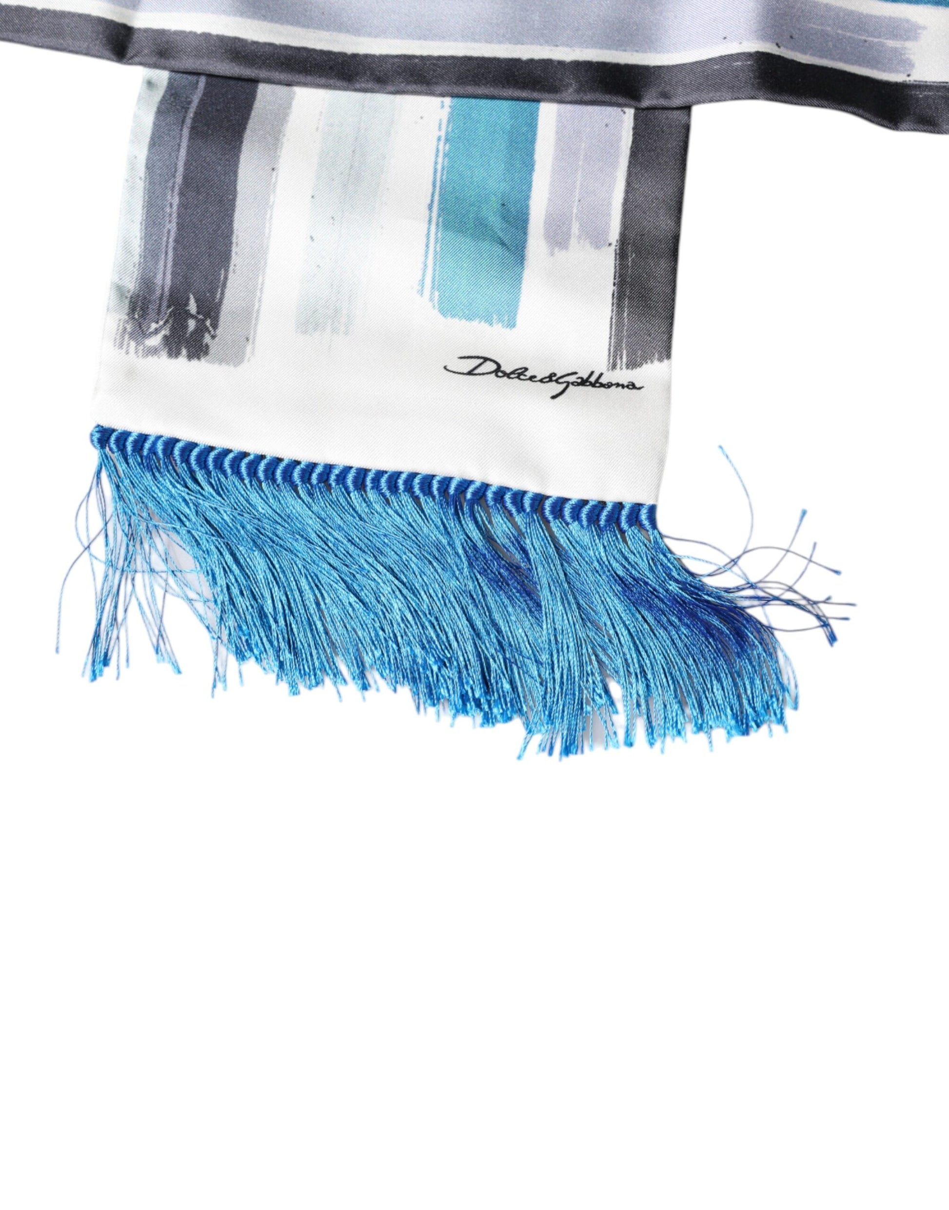 Dolce & Gabbana White Blue Stripes Silk Fringes Wrap Scarf Curated Luxury Accessories by Orvyn