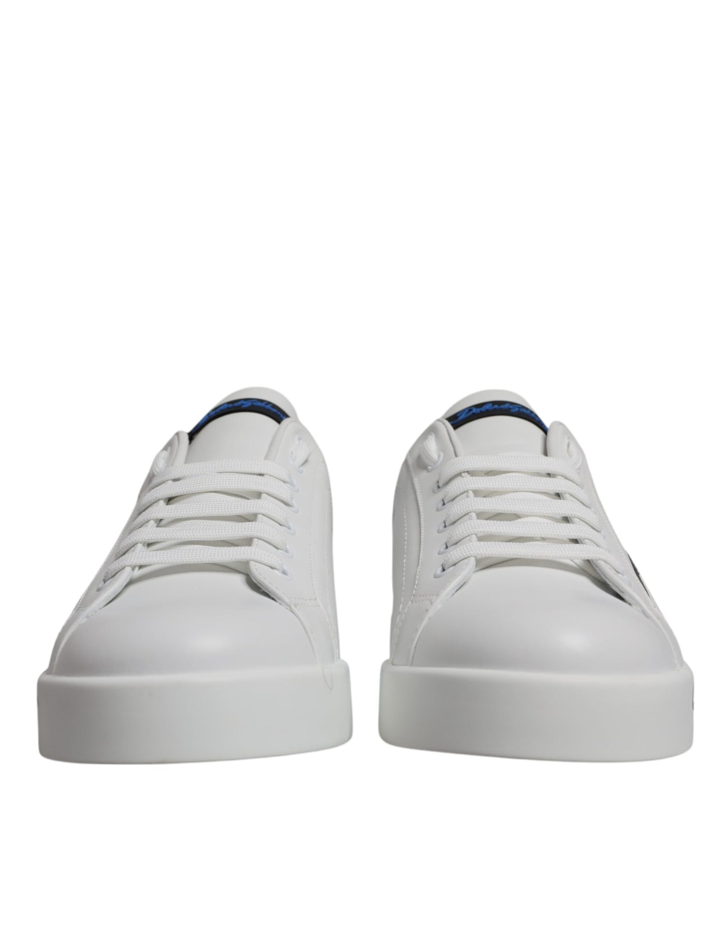 Dolce & Gabbana White Blue Leather Logo Low Top Sneakers Shoes Curated Luxury Accessories by Orvyn