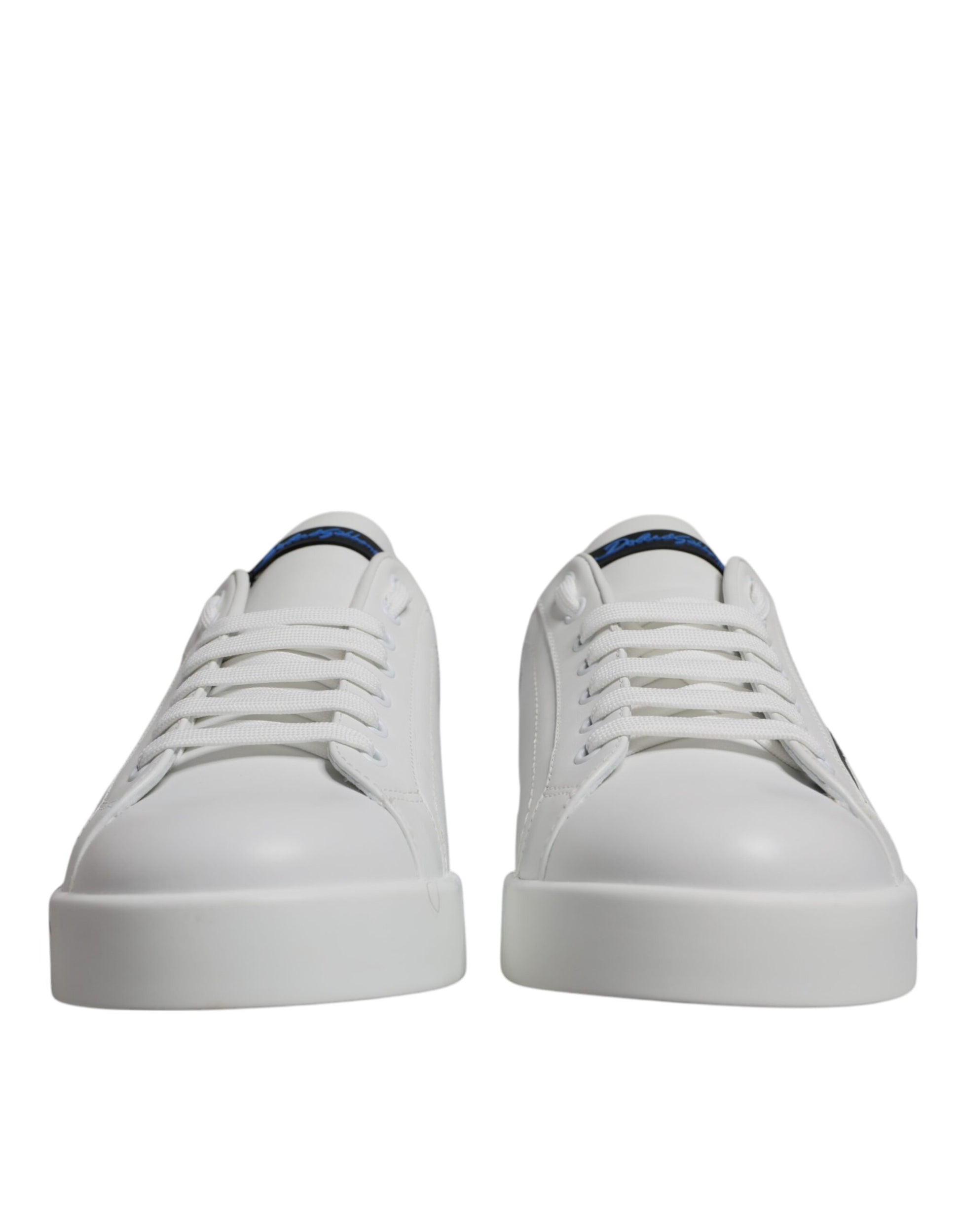 Dolce & Gabbana White Blue Leather Logo Low Top Sneakers Shoes Curated Luxury Accessories by Orvyn