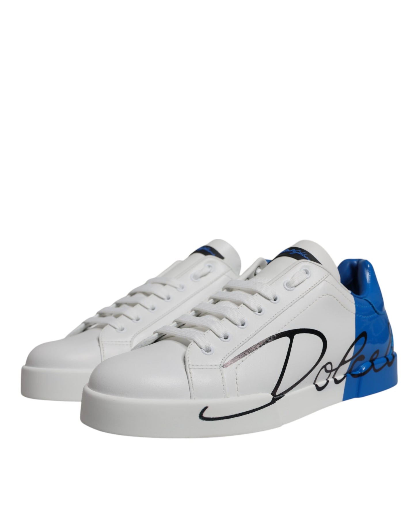 Dolce & Gabbana White Blue Leather Logo Low Top Sneakers Shoes Curated Luxury Accessories by Orvyn