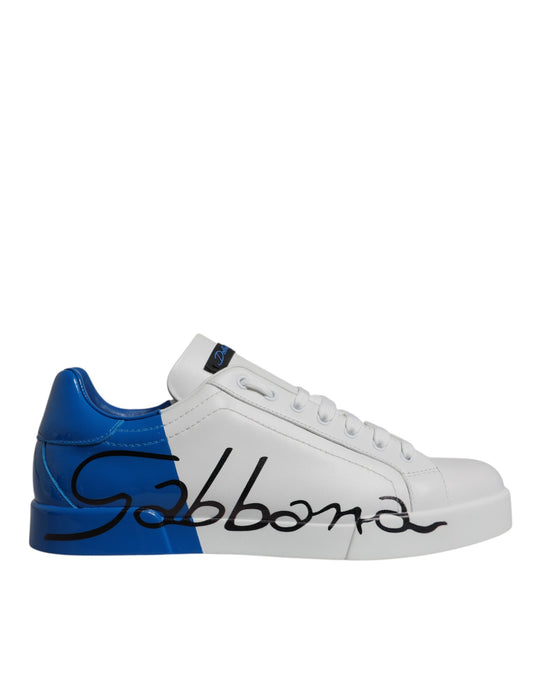 Dolce & Gabbana White Blue Leather Logo Low Top Sneakers Shoes Curated Luxury Accessories by Orvyn