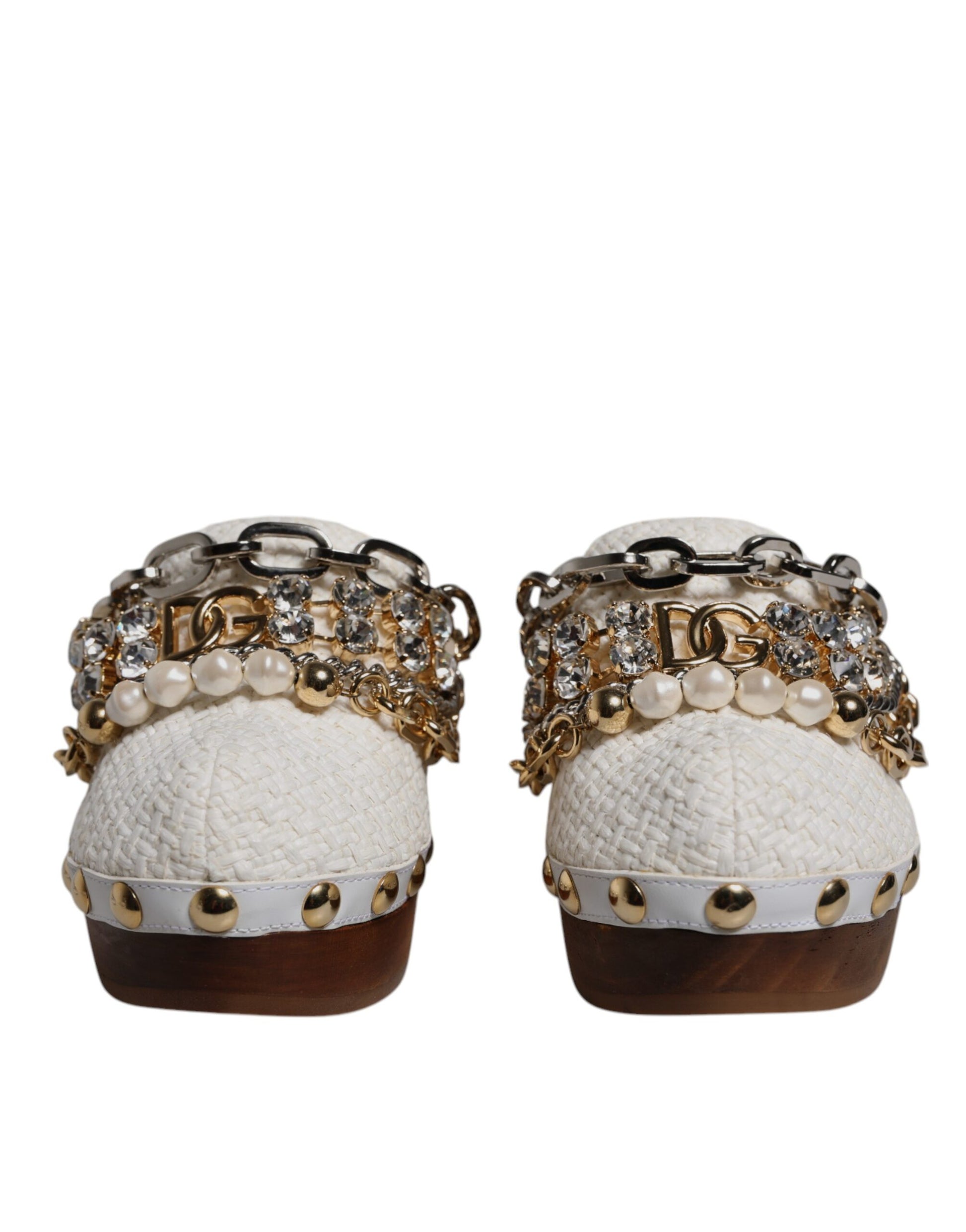 Dolce & Gabbana White Raffia Clogs Bejeweled Chain Sandals Shoes Curated Luxury Accessories by Orvyn