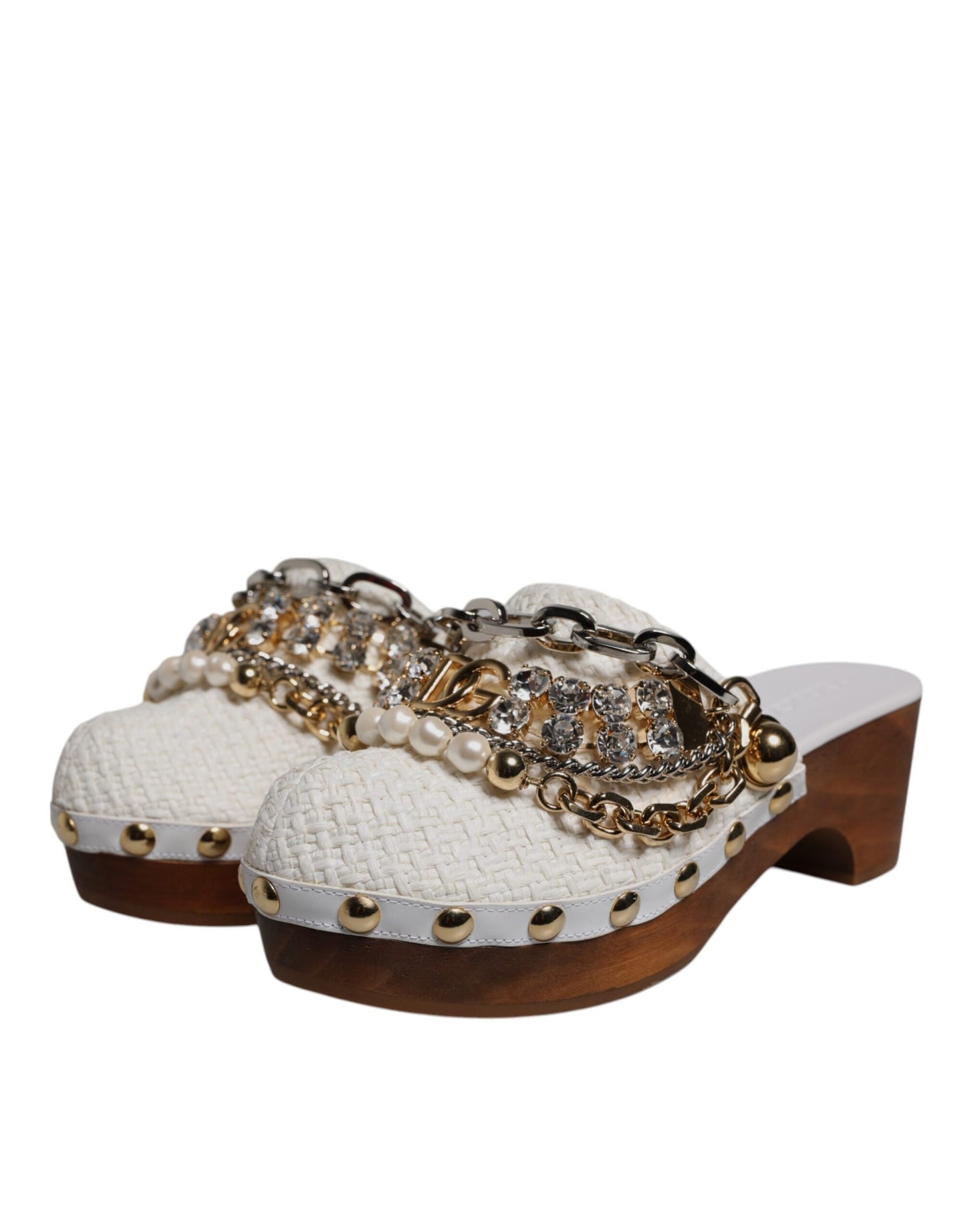 Dolce & Gabbana White Raffia Clogs Bejeweled Chain Sandals Shoes Curated Luxury Accessories by Orvyn