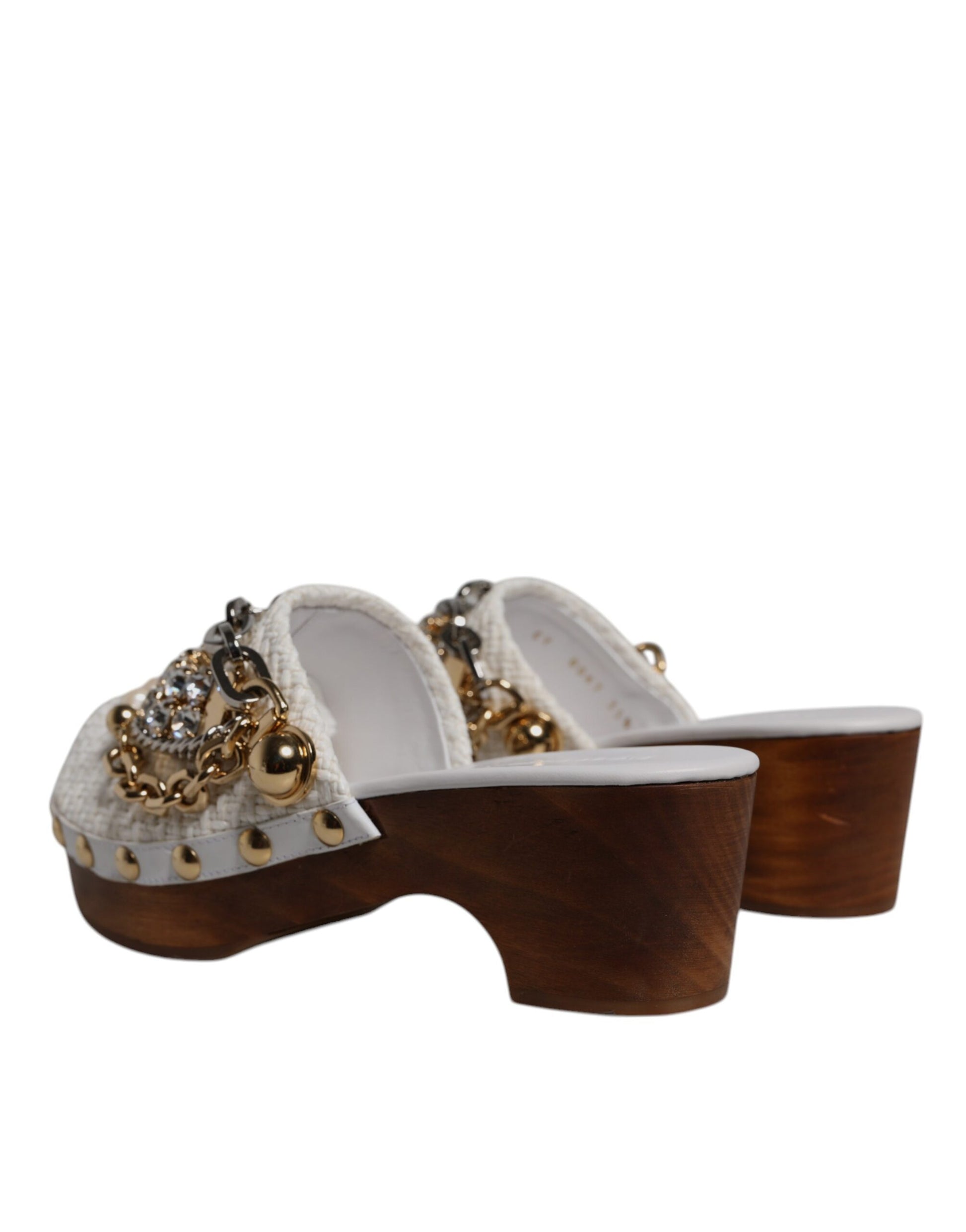 Dolce & Gabbana White Raffia Clogs Bejeweled Chain Sandals Shoes Curated Luxury Accessories by Orvyn